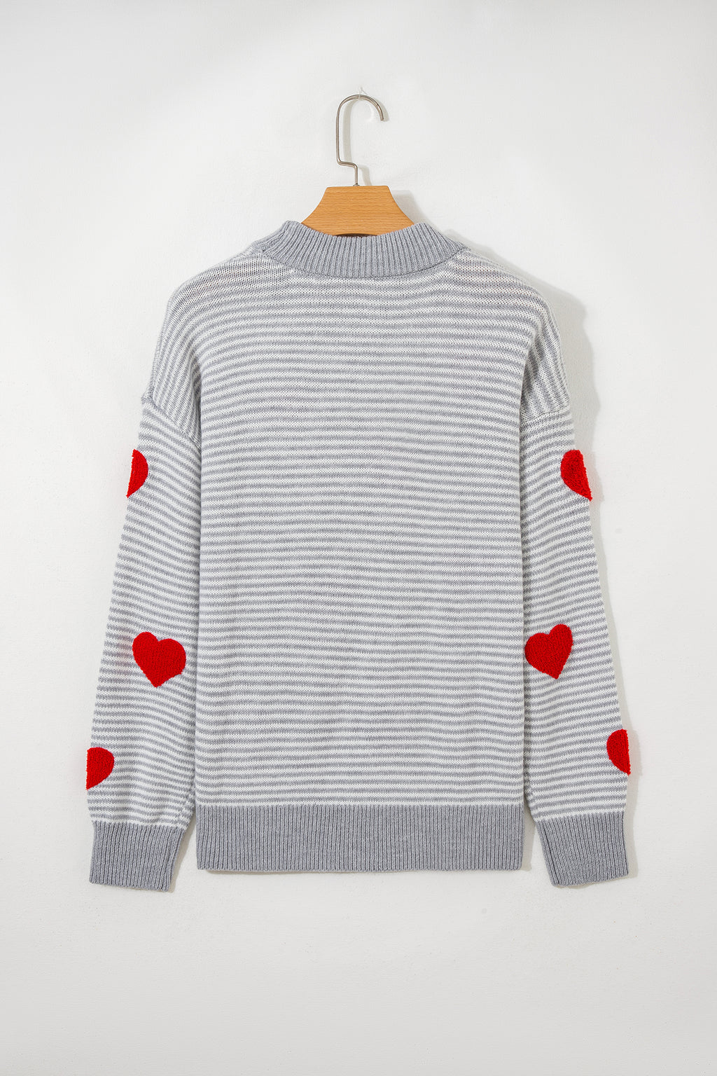 Gray Stripe Contrast Heart Pattern Valentine Knit Sweater