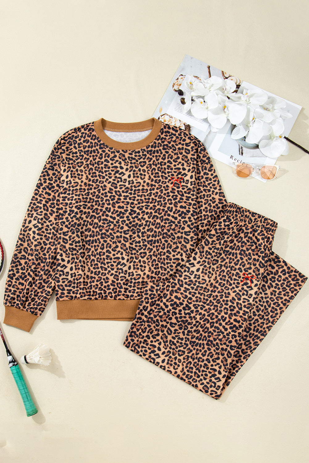 Khaki Leopard Outfit with Bow Embroidery