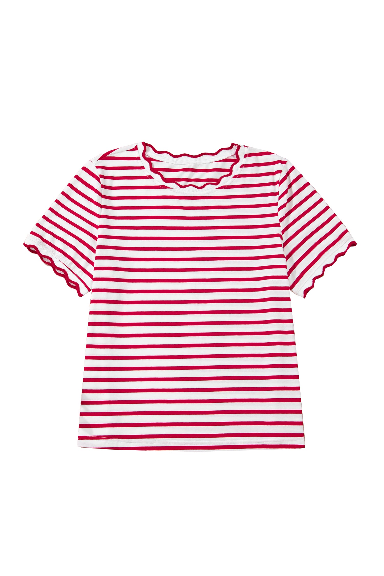 Black Stripe Scalloped Trim Round Neck T Shirt