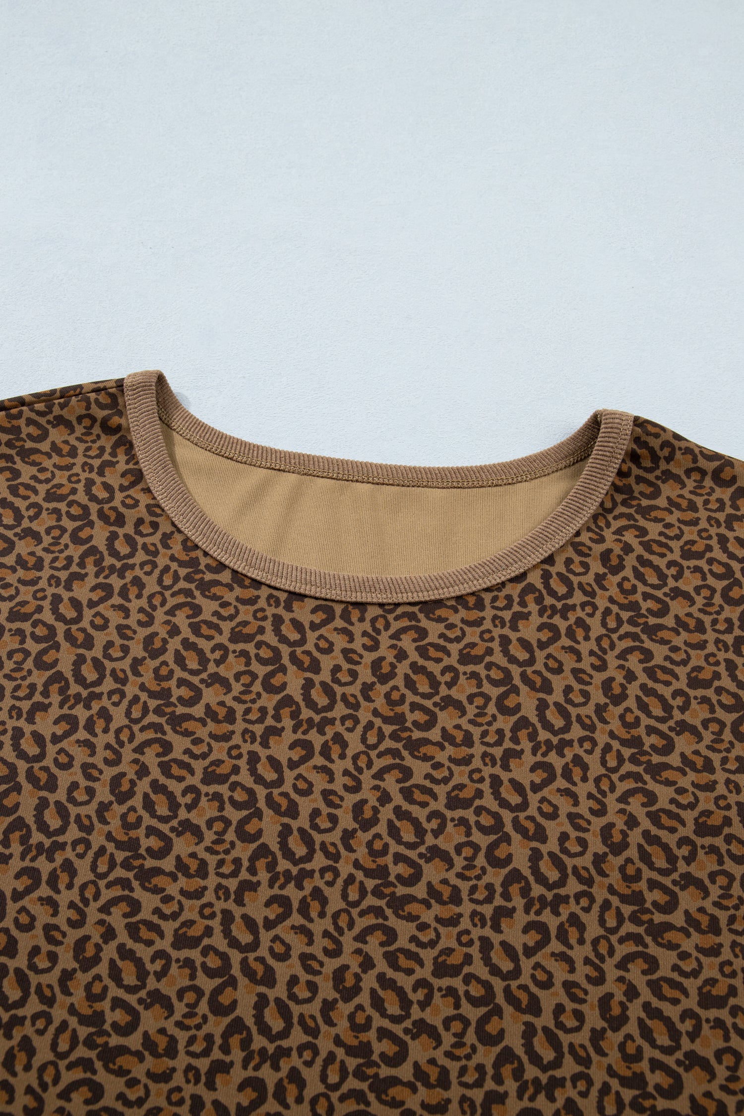 Khaki Plus Size Leopard Print Ribbed Trim Round Neck Tee