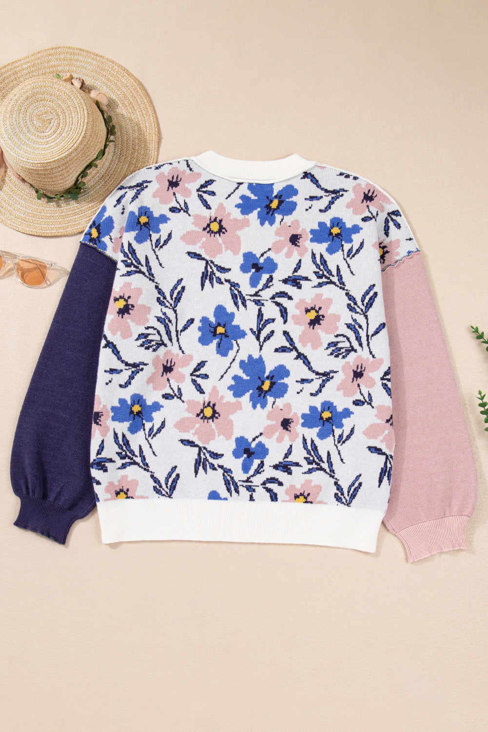 Floral Panel Colorblock Sleeve Patchwork Sweater
