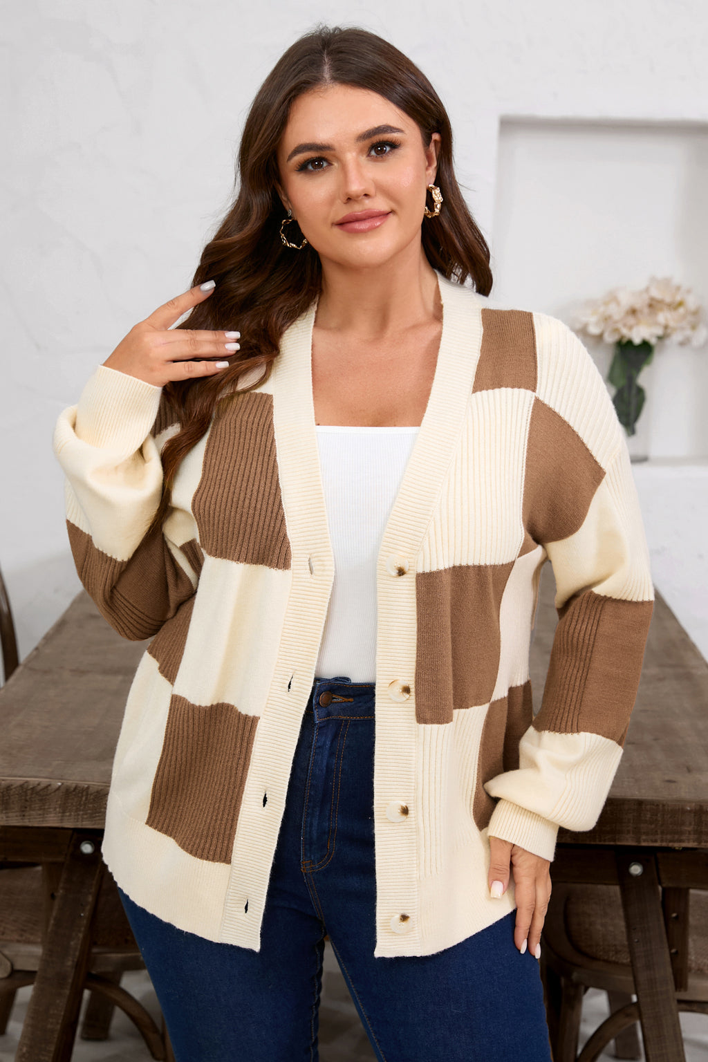 Plus Size Khaki Checkered Ribbed Texture Knit Cardigan Sweater