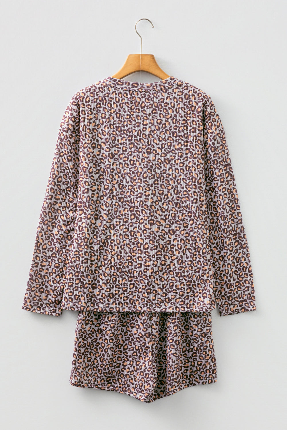 Khaki Leopard Ribbed Long Sleeved Drawstring Shorts 2pcs Outfit