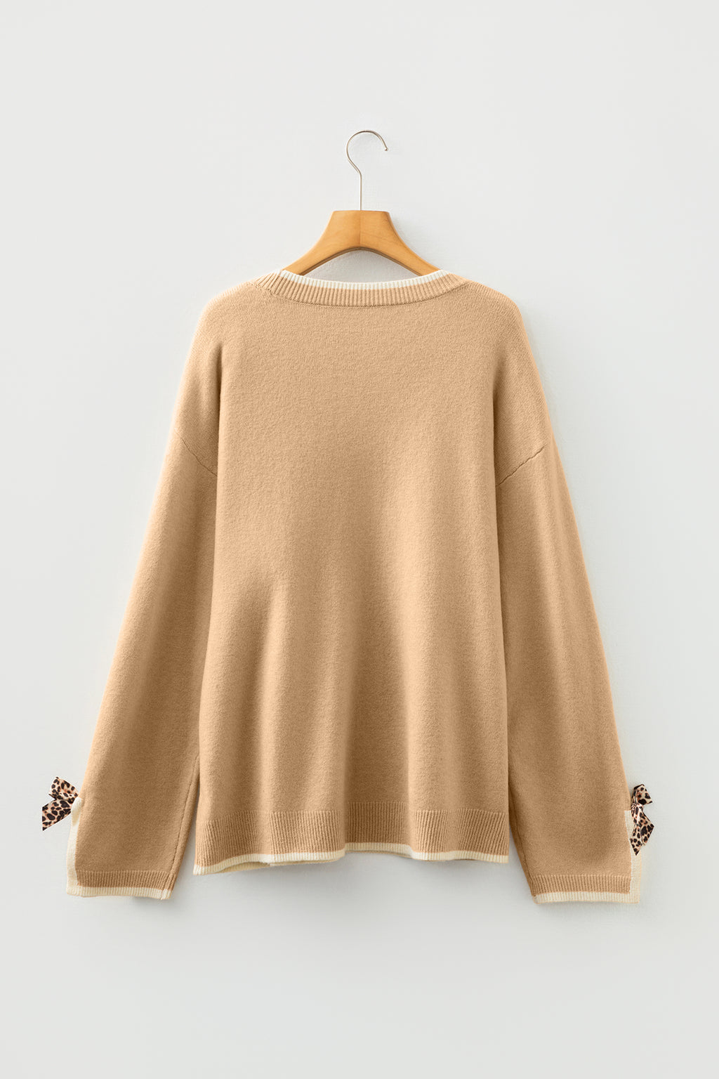 Plus Size Leopard Bow Decor Split Cuffs Loose Sweater
