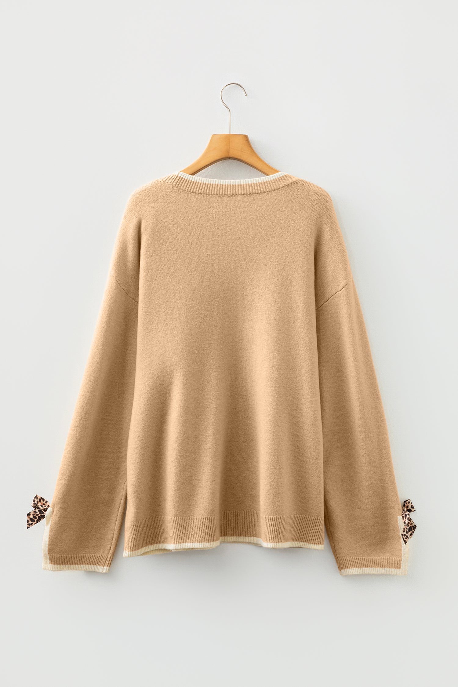 Plus Size Leopard Bow Decor Split Cuffs Loose Sweater