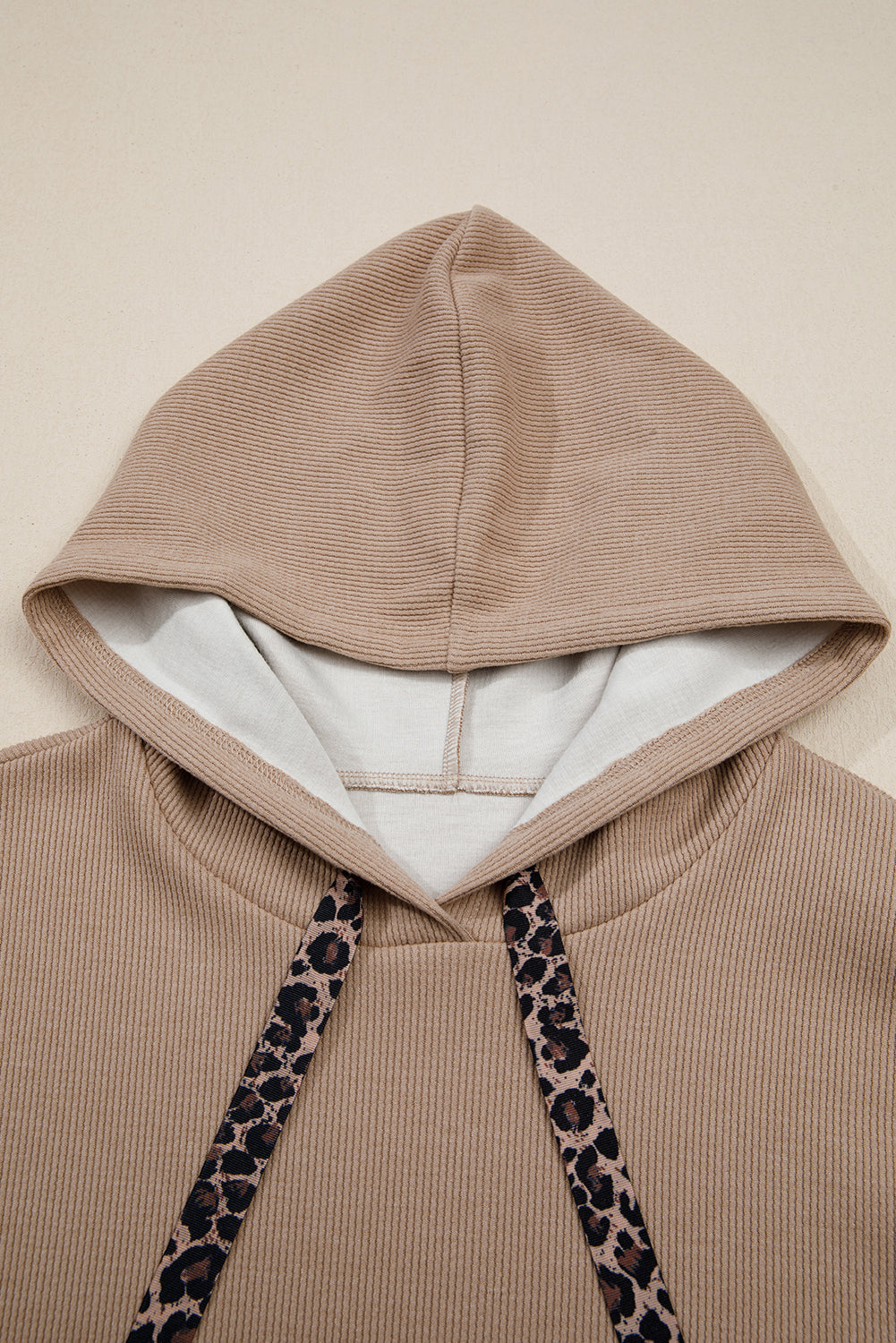 Parchment Thermal Textured Leopard Drawstring Baggy Hoodie