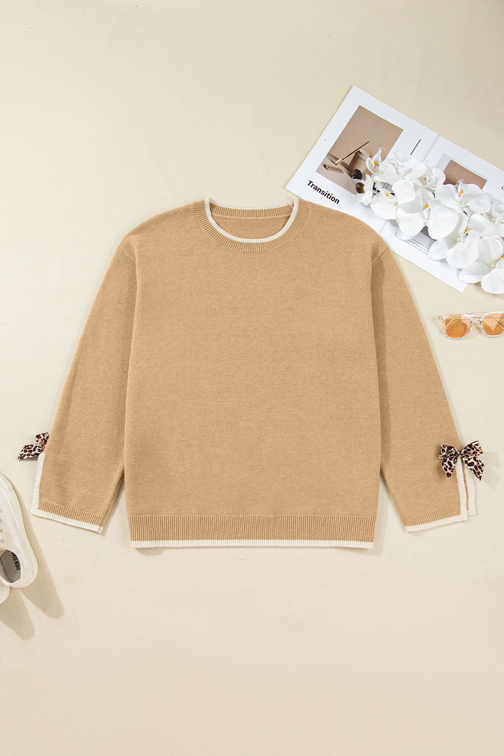 Plus Size Leopard Bow Decor Split Cuffs Loose Sweater