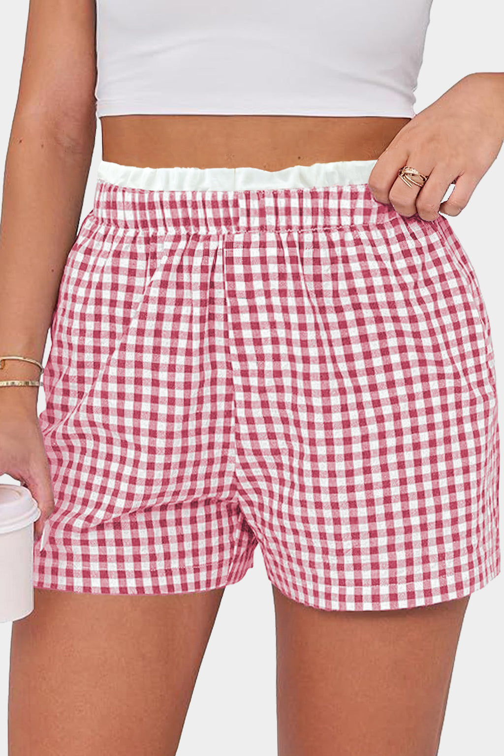 Black Contrast Trim Plaid Print Plus Size Shorts