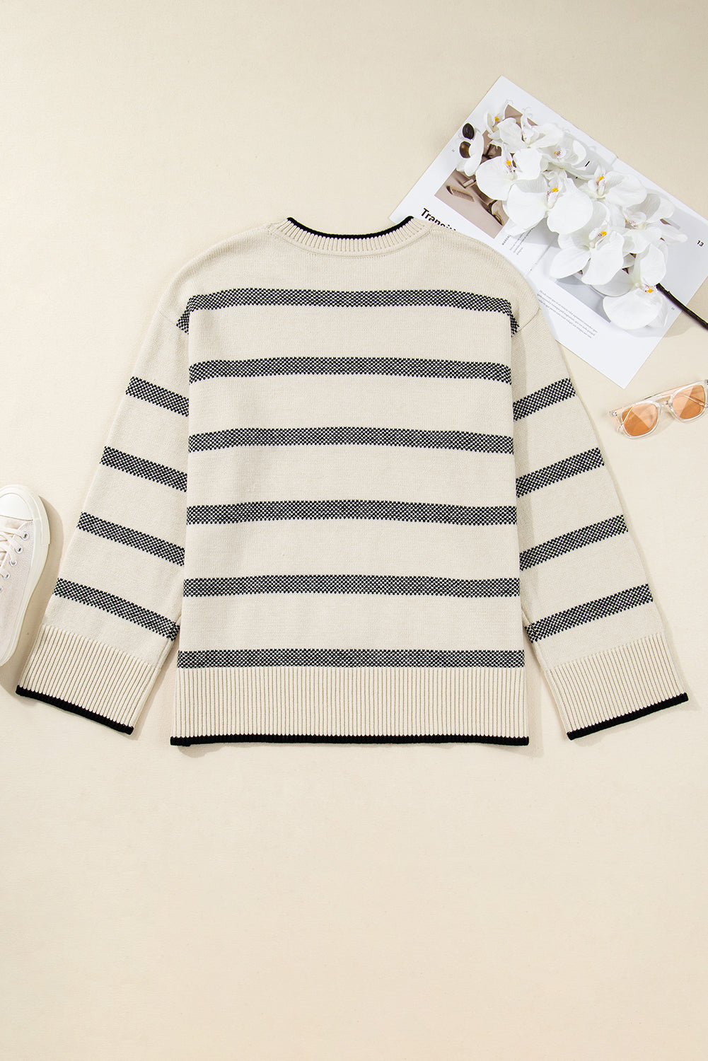 Plus Size Apricot Stripe Wide Sleeve Sweater