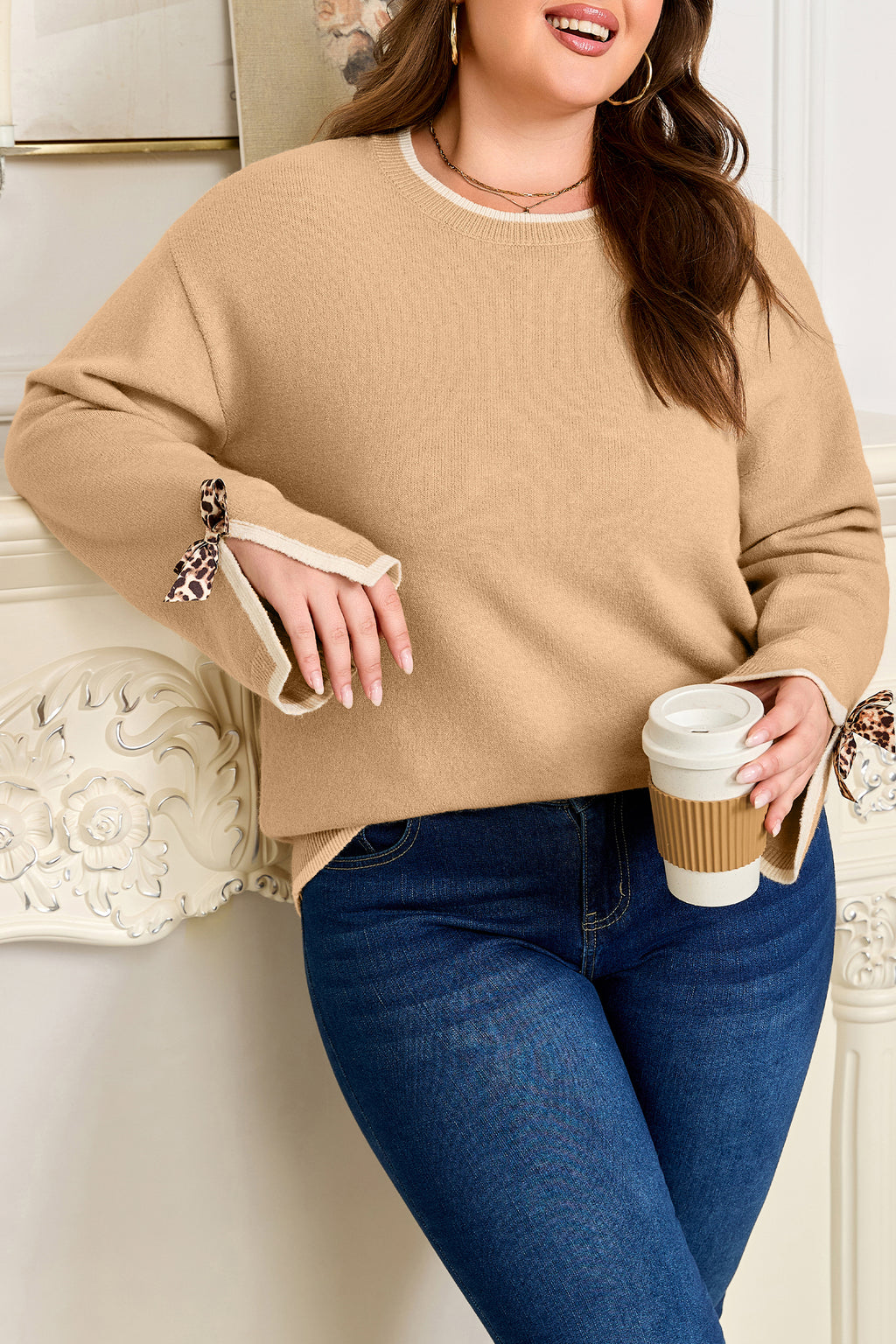 Plus Size Leopard Bow Decor Split Cuffs Loose Sweater