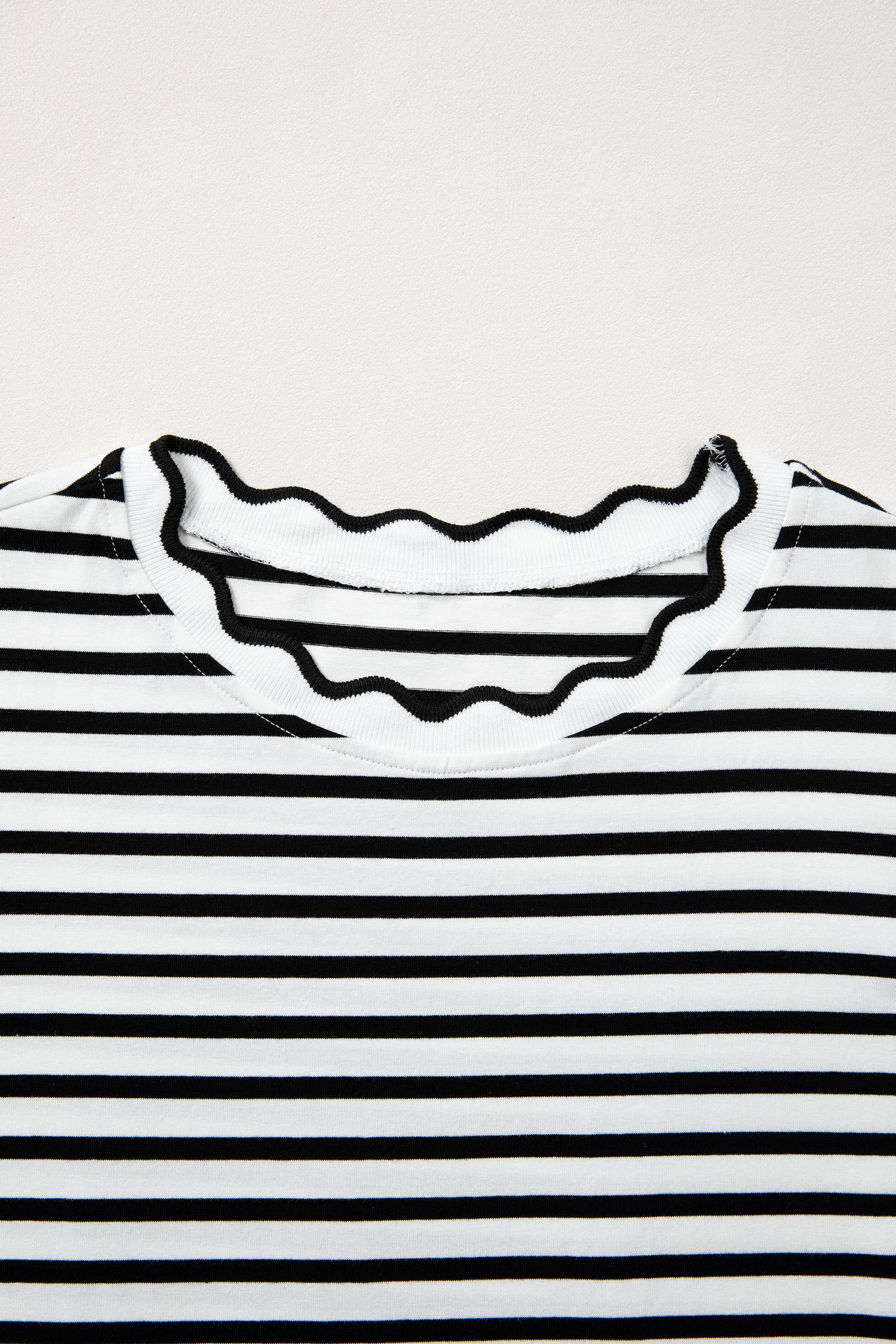 Black Stripe Scalloped Trim Round Neck T Shirt