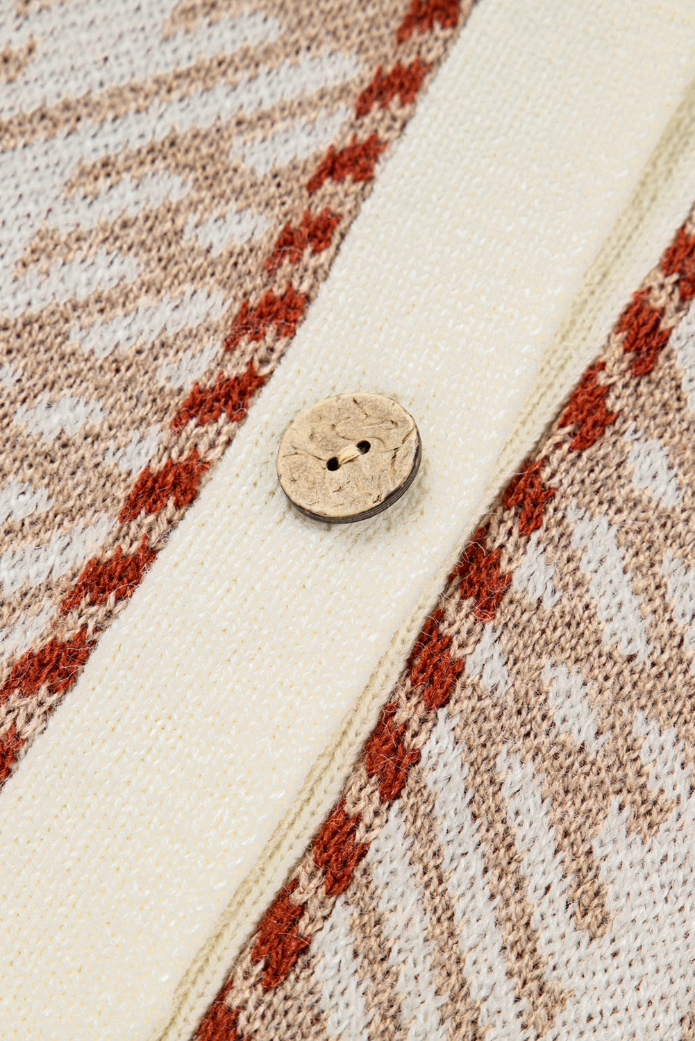 Plus Size Khaki Vintage Pattern Ribbed Trim Button Front Cardigan Sweater