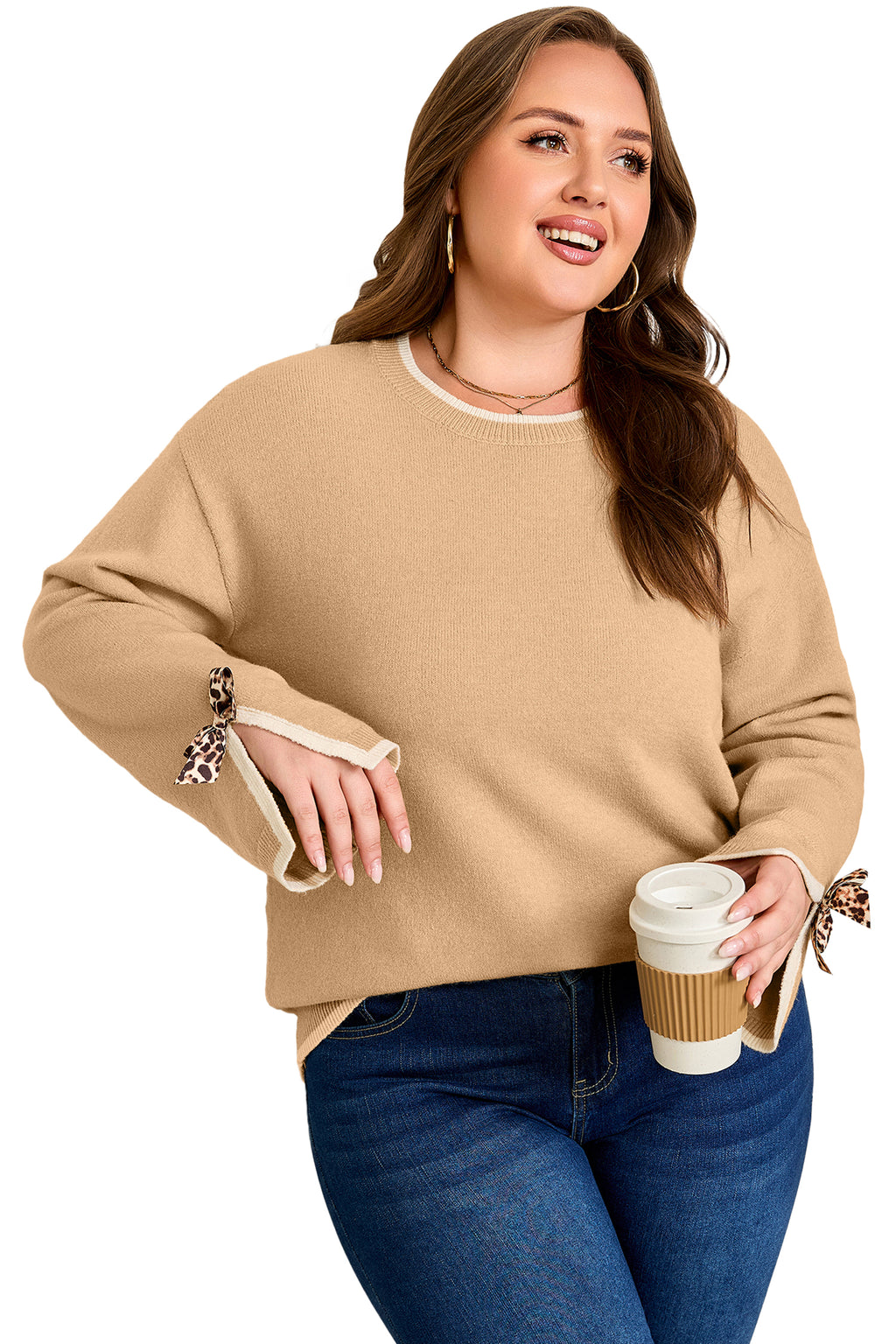 Plus Size Leopard Bow Decor Split Cuffs Loose Sweater