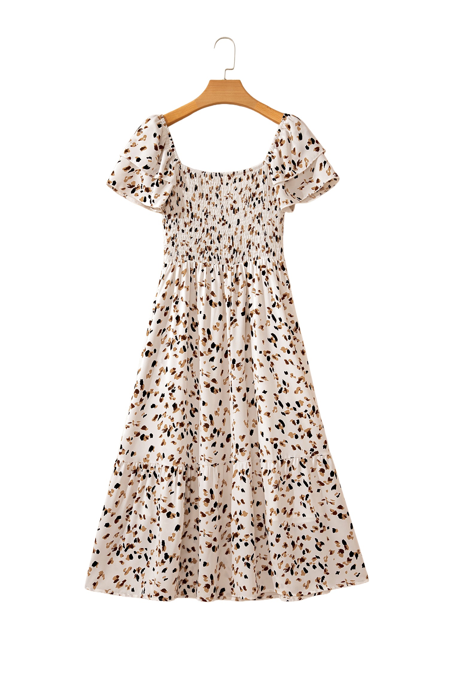 Beige Ditsy Floral Print Smocked Square Neck Ruffle Short Sleeve Dress