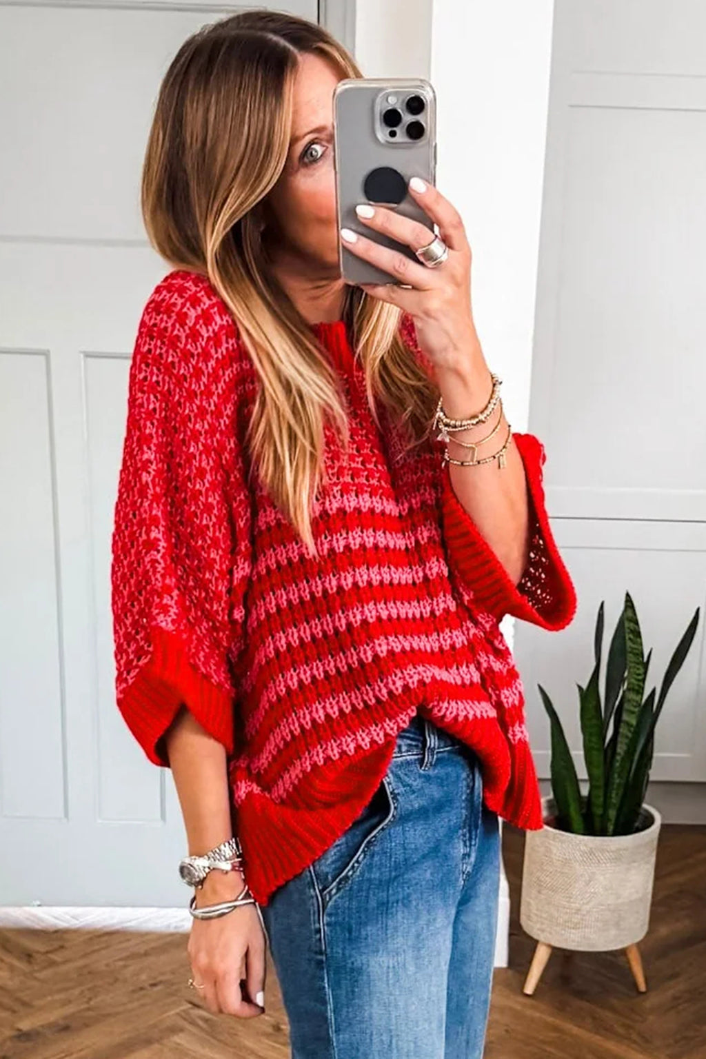 Black Stripe 3/4 Draped Sleeve Slouchy Sweater