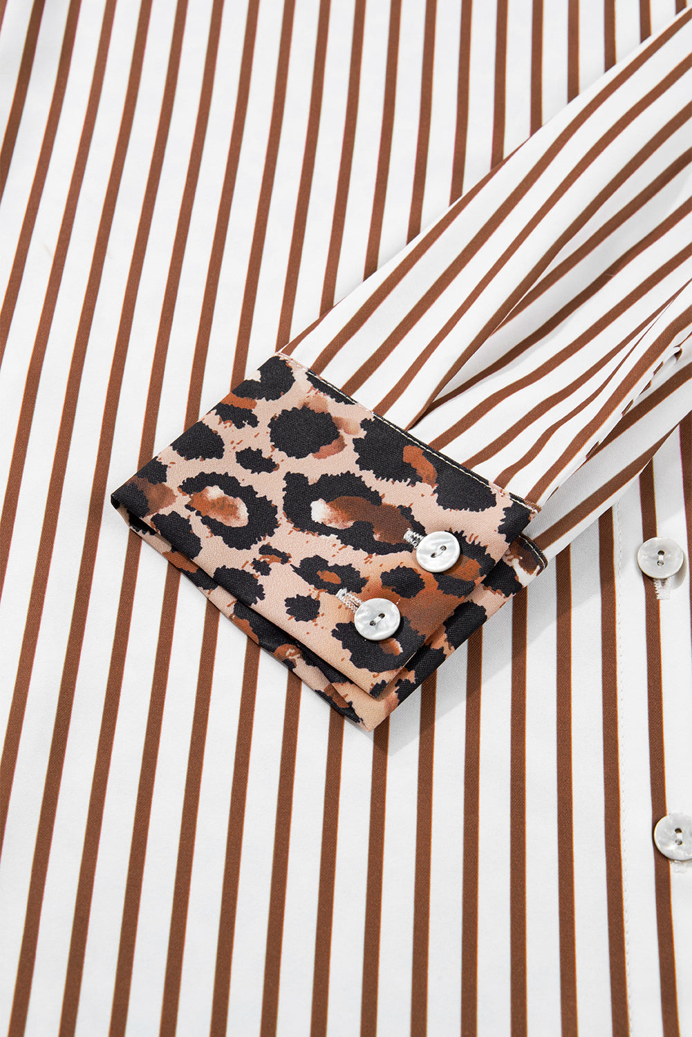 Brown Stripe Contrast Leopard Patchwork Long Shirt Dress with Slits