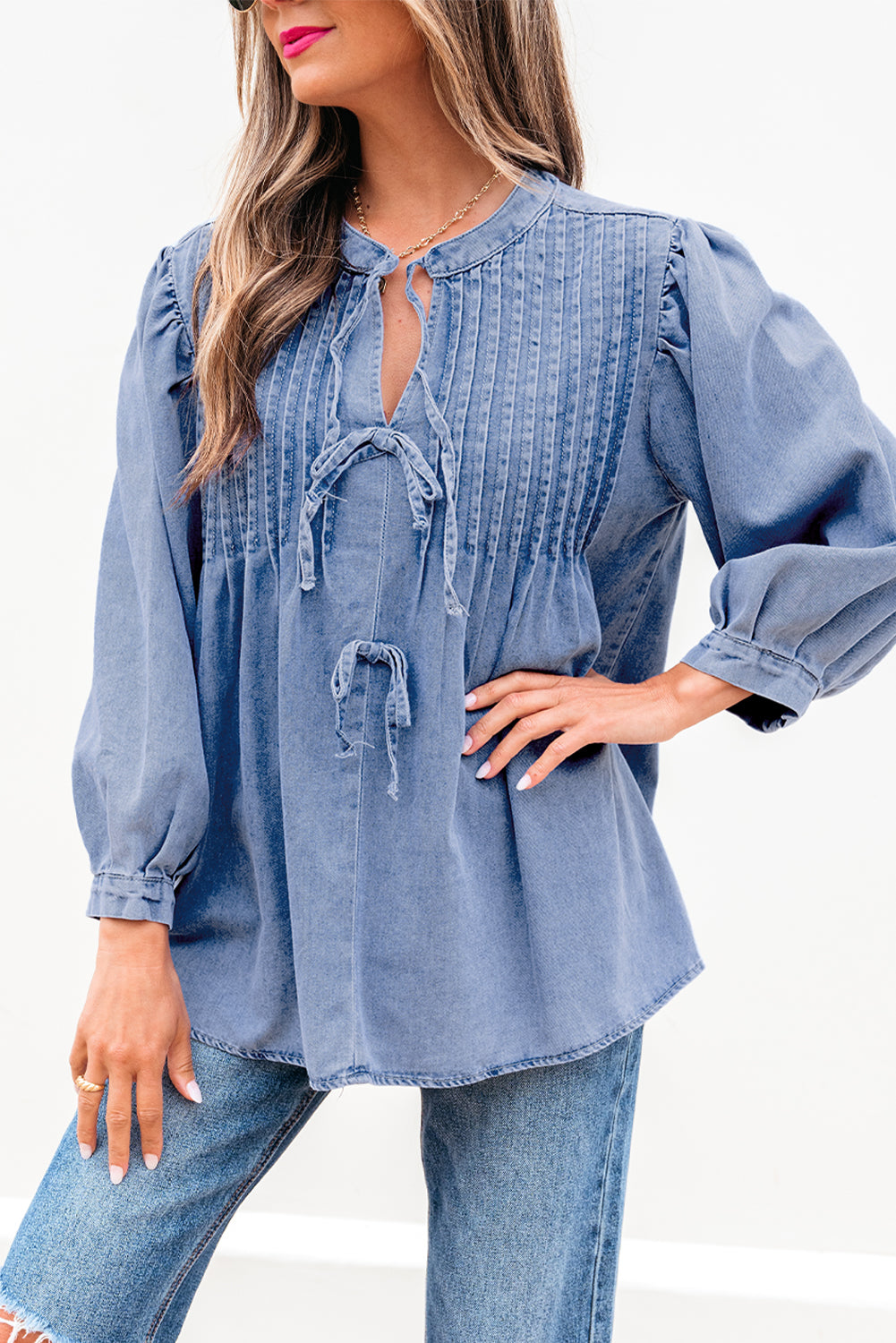 Denim Bow Tie Puff Sleeve Top