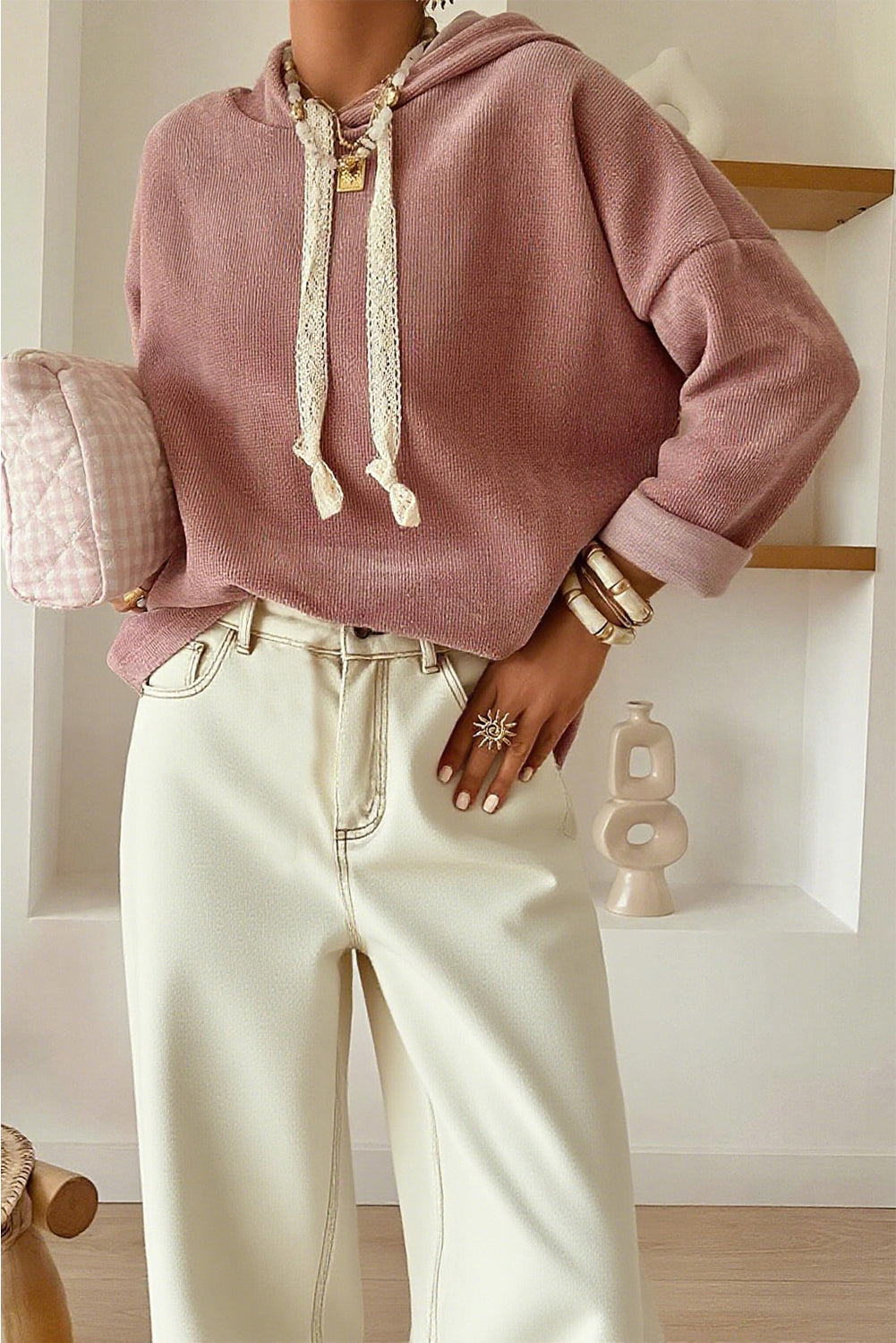 Parchment Thermal Textured Leopard Drawstring Baggy Hoodie