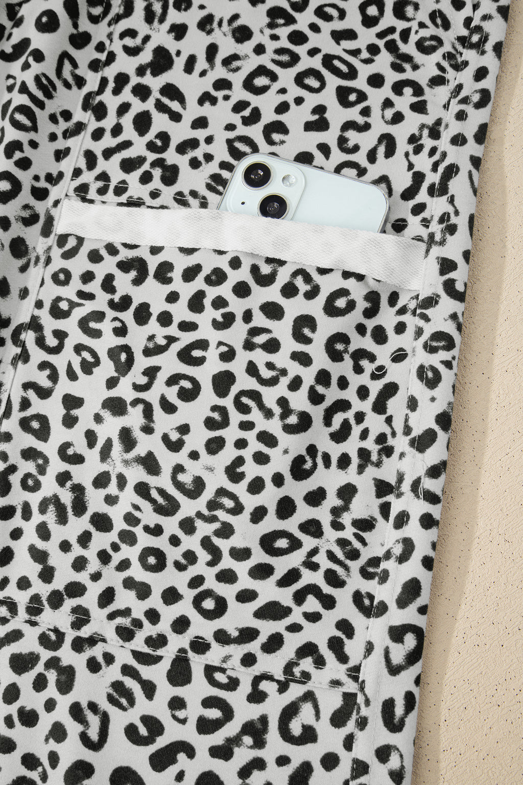 Khaki Animal Print Wide Leg Terry Knit Pants