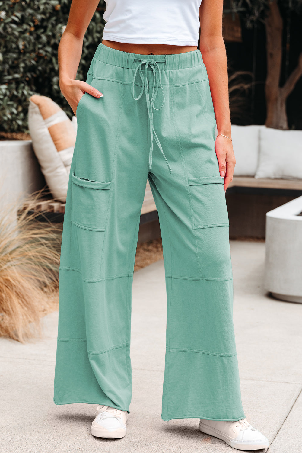 Black Mineral Wash Exposed Seam Drawstring Elastic Waistband Wide Leg Cargo Pants