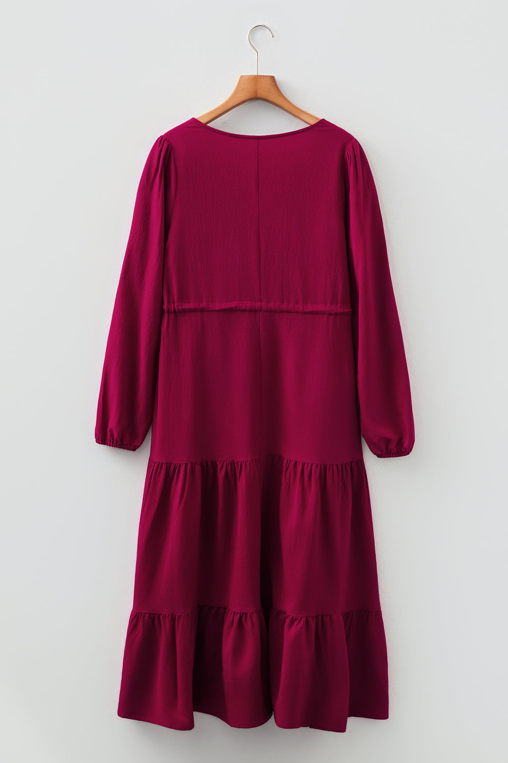 Blackish Green Solid Long Sleeve Button V Neck Tiered Maxi Dress