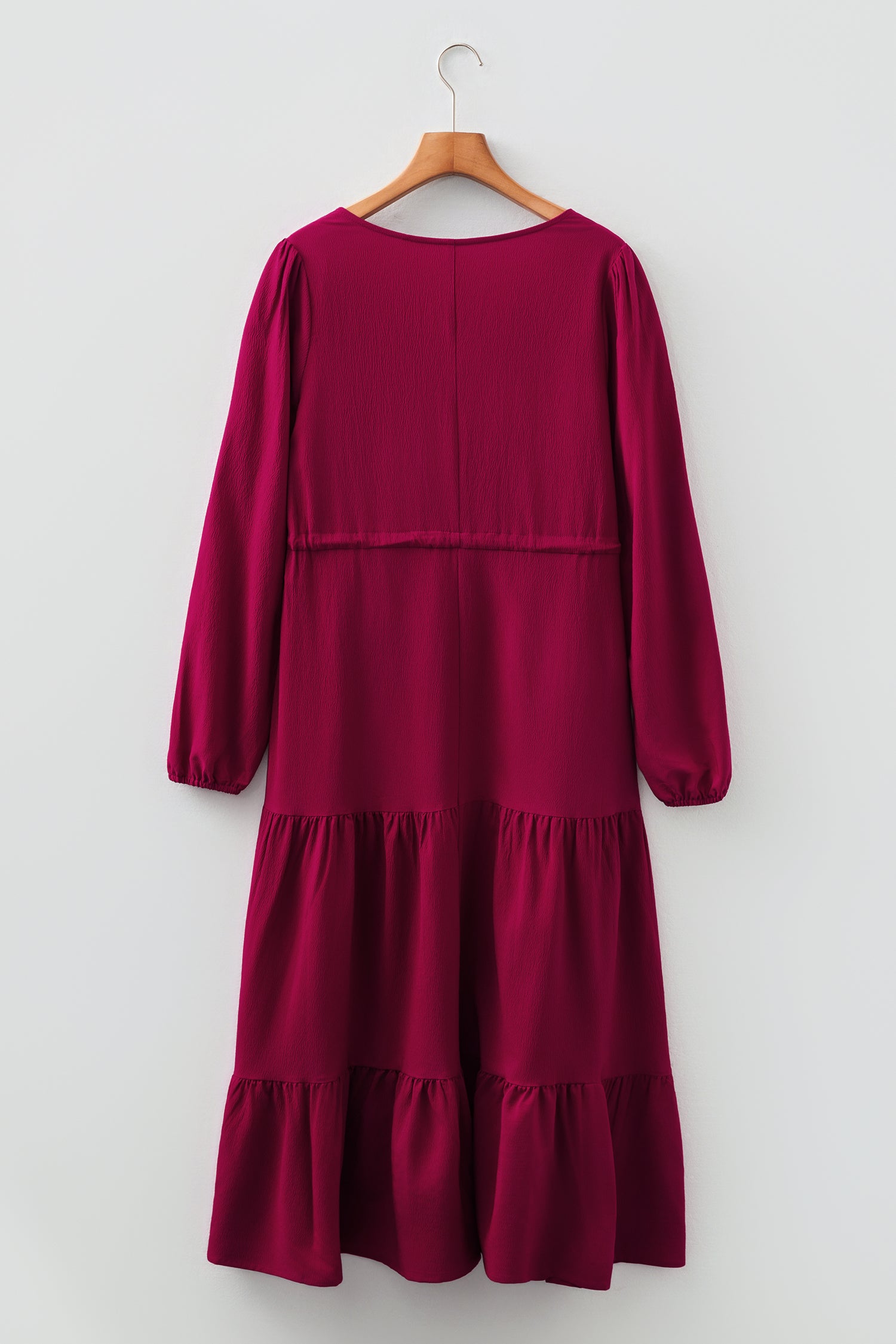 Blackish Green Solid Long Sleeve Button V Neck Tiered Maxi Dress