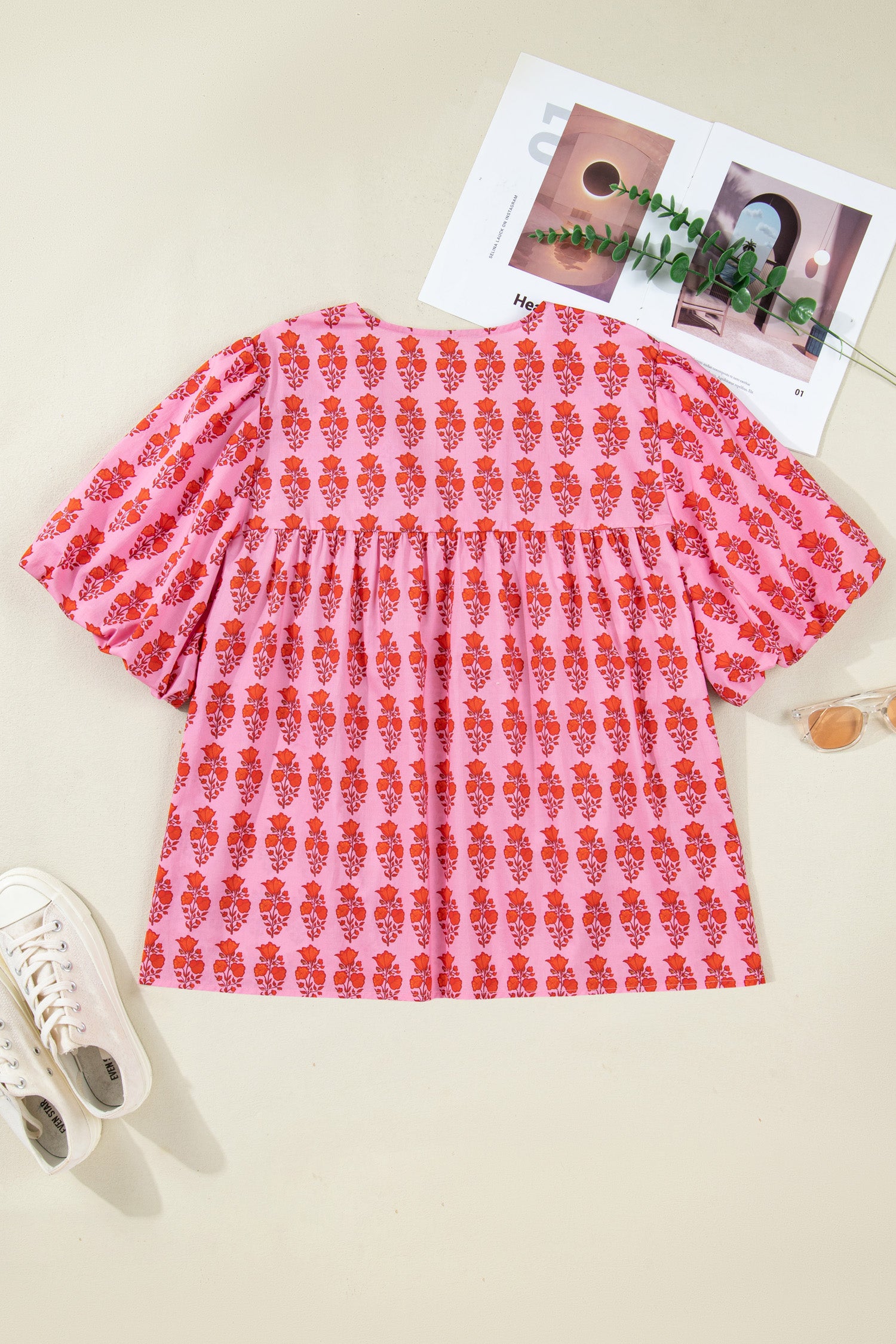 Pink Plus Size Floral Print Tassel Tie Puff Sleeve Cotton Blouse