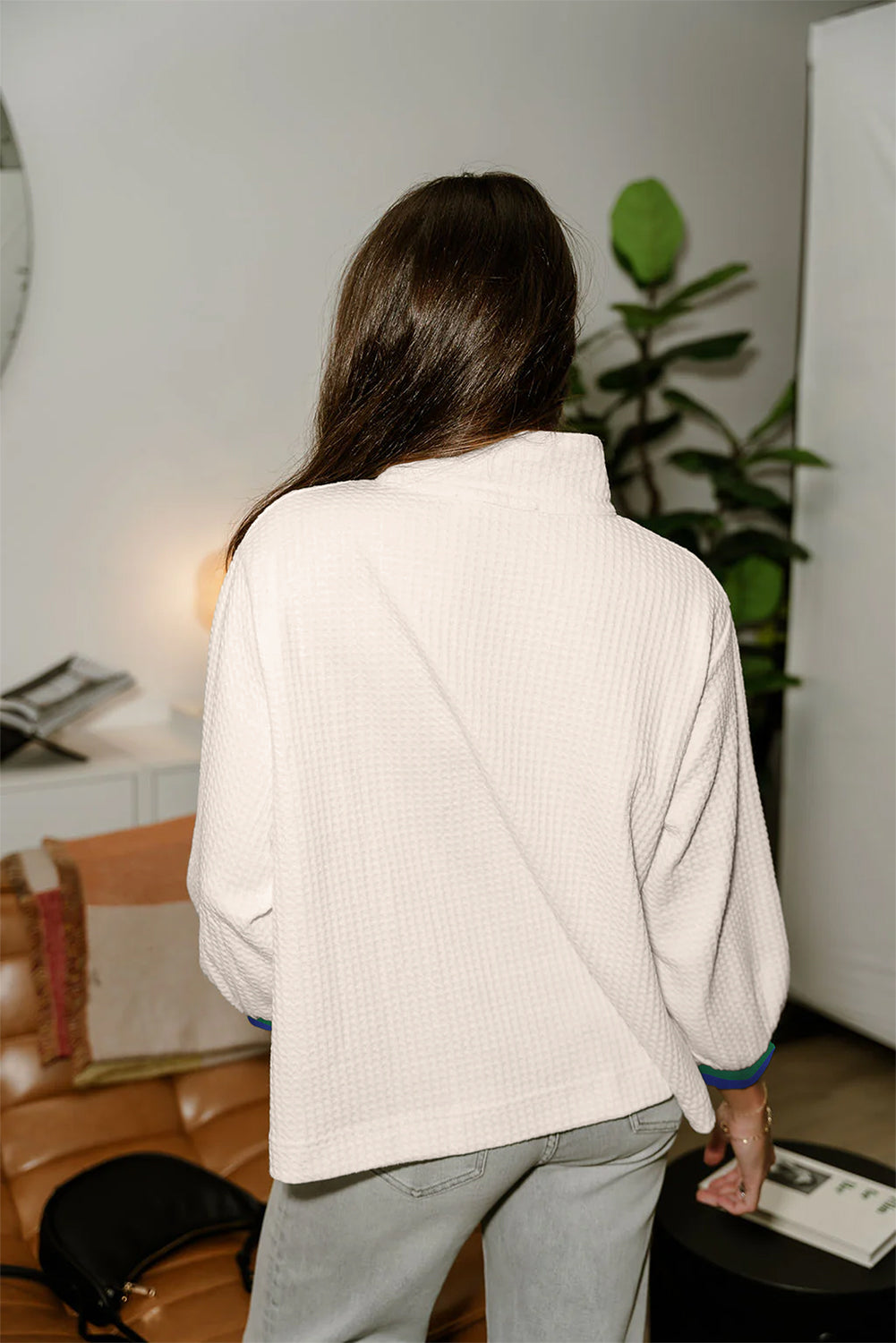 White Waffle Textured Contrast Polo Neck Zip up Jumper