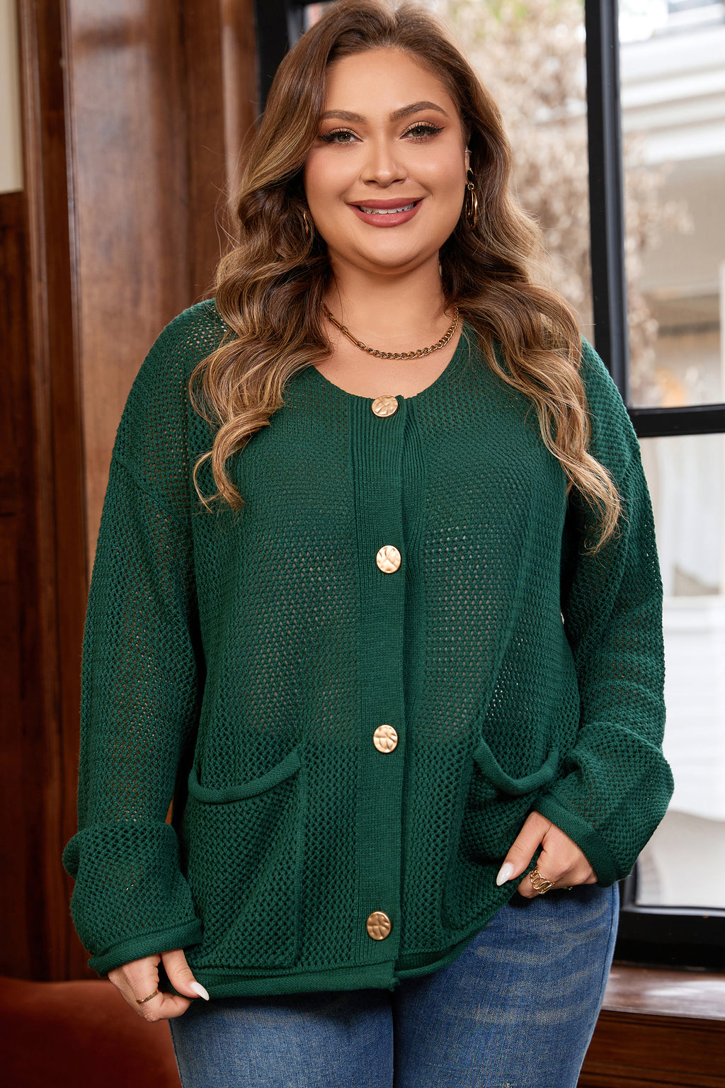 Plus Size  Blackish Green Golden Accent Buttons Short Sweater Cardigan