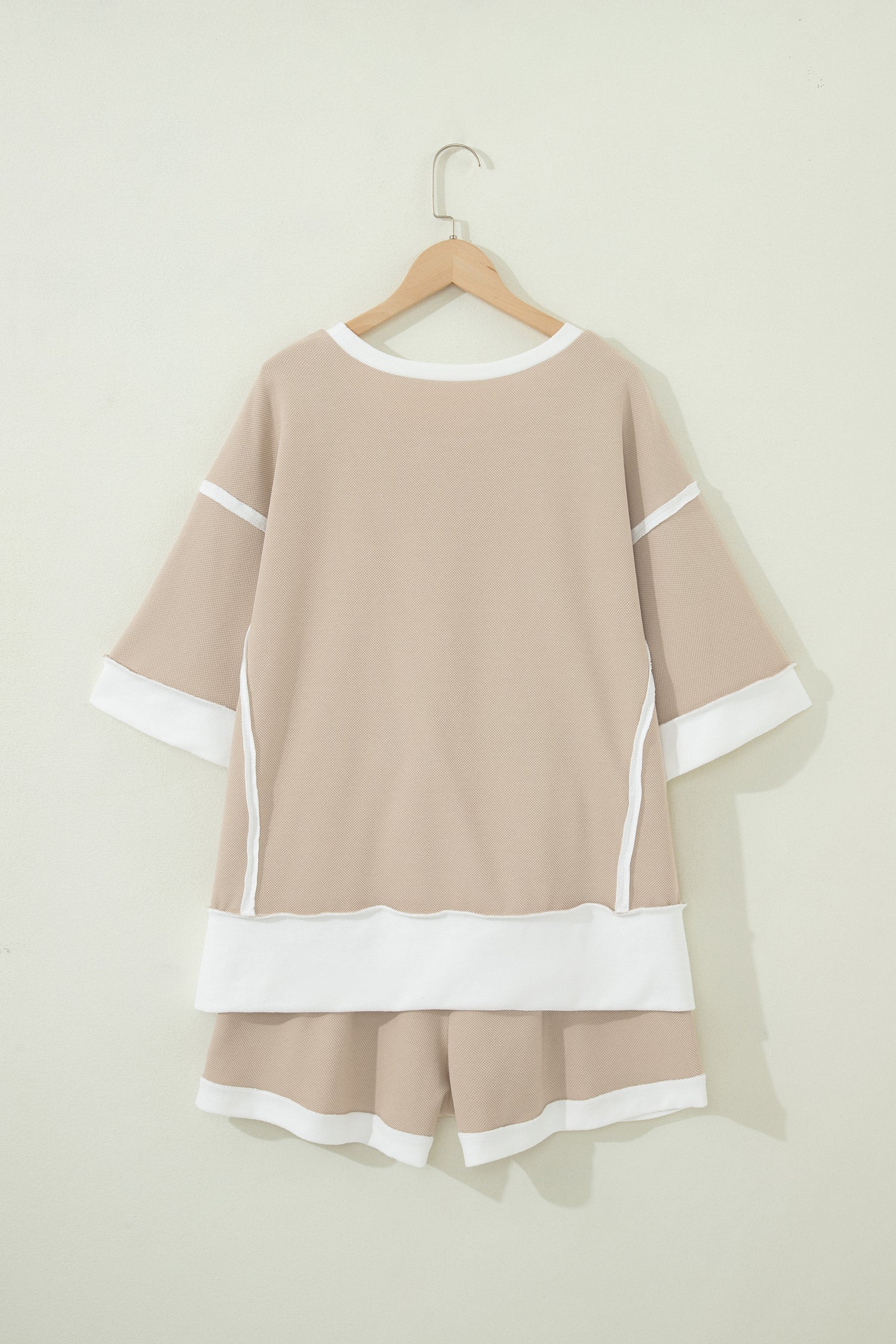 Beige Raw Edge Color Block Patchwork Oversize Tee Drawstring Loose Shorts 2pcs Set