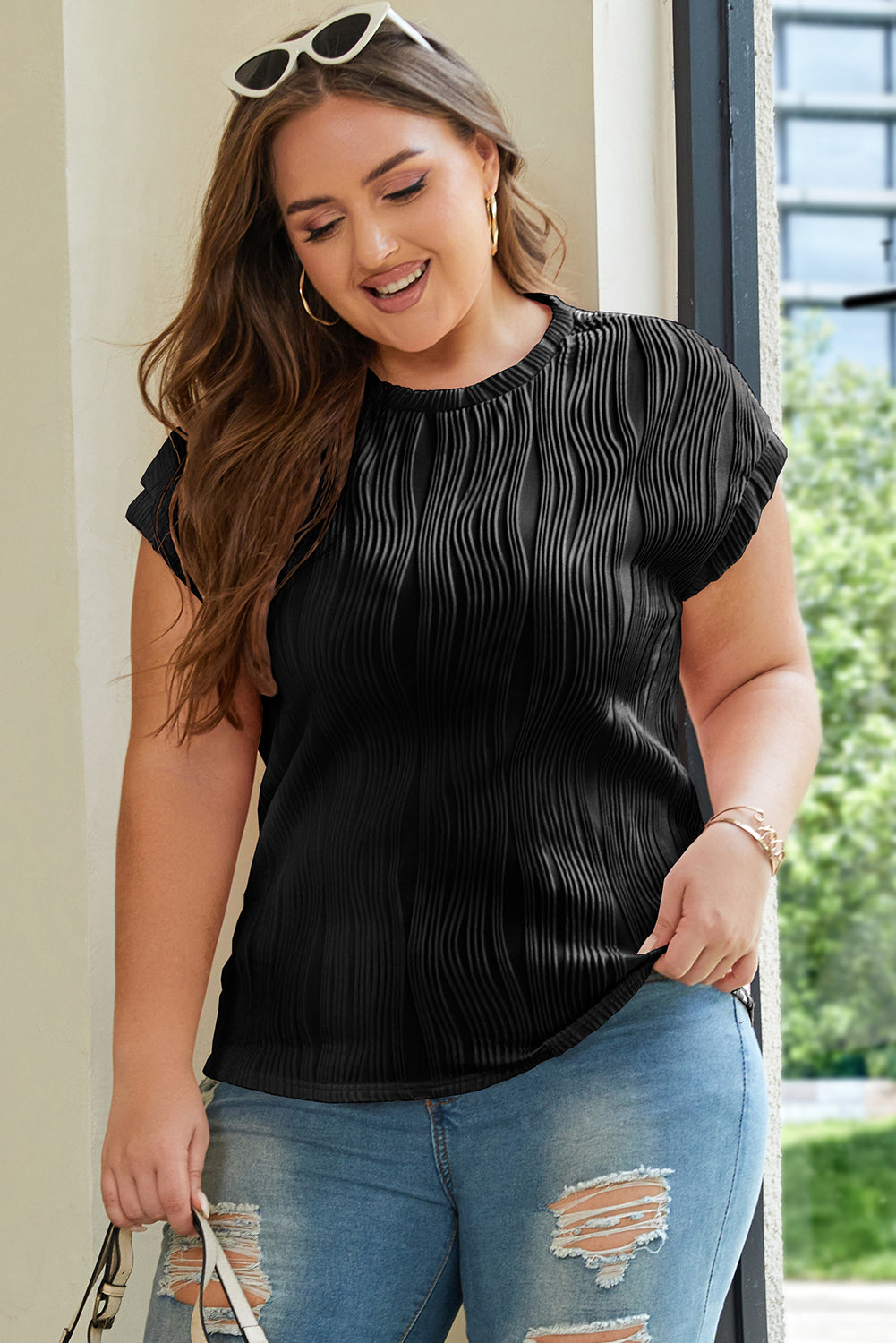 Rose Red Solid Color Wavy Textured Plus Size Tee