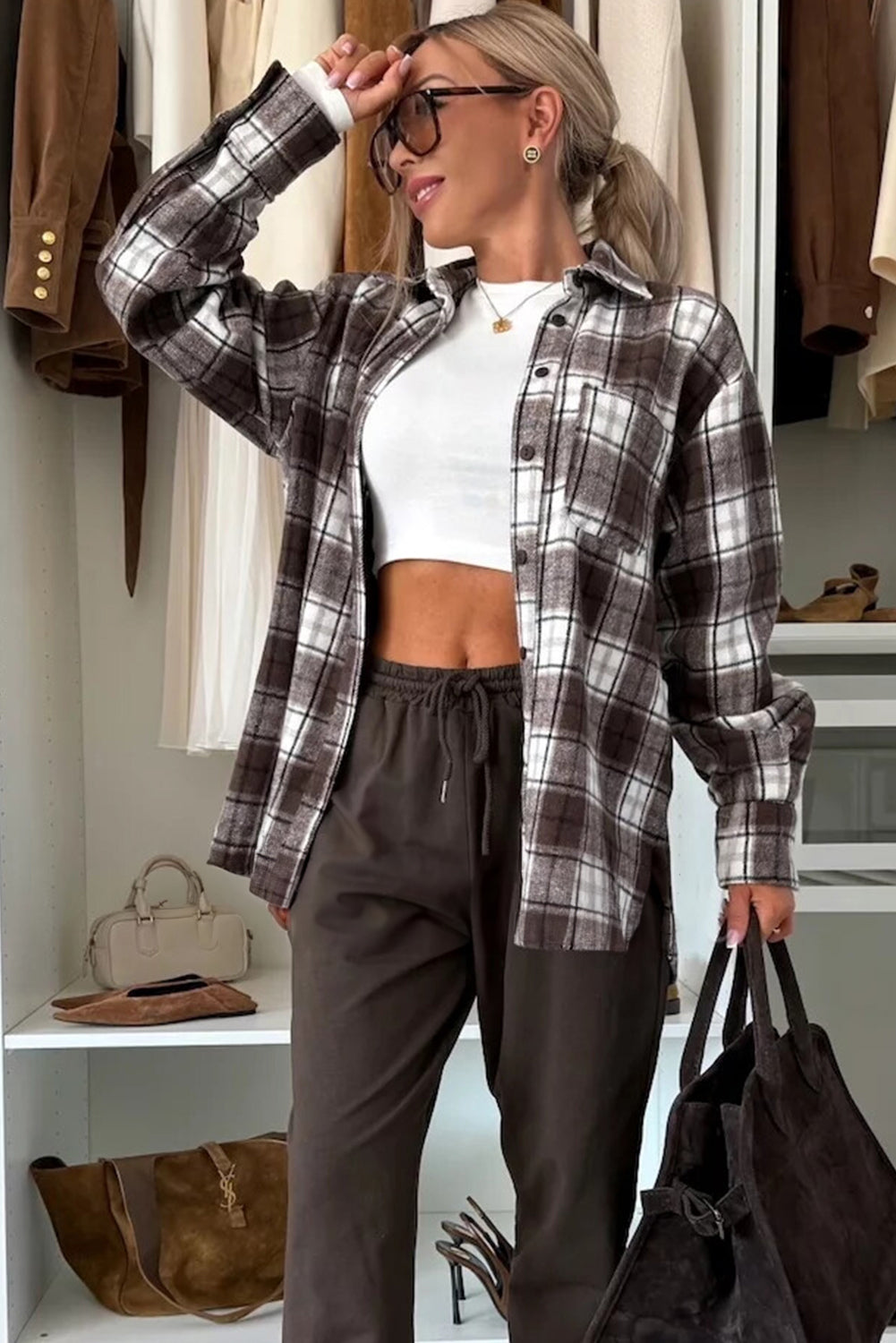 Dark Brown Flannel Plaid Boyfriend Shacket