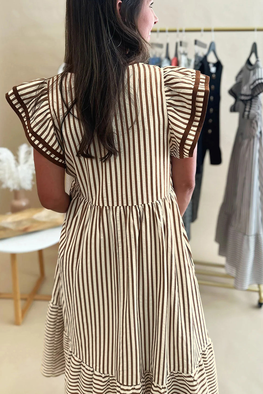 Black Stripe Double Ruffled Short Sleeve Contrast Trim V Neck Midi Dress