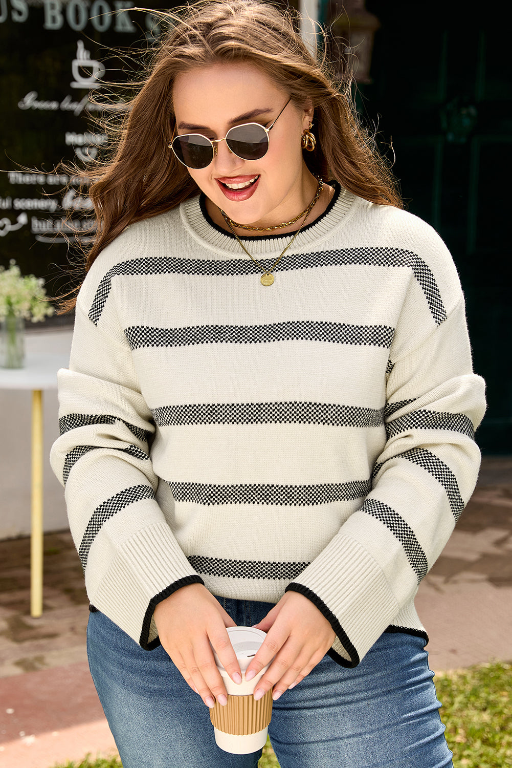 Plus Size Apricot Stripe Wide Sleeve Sweater