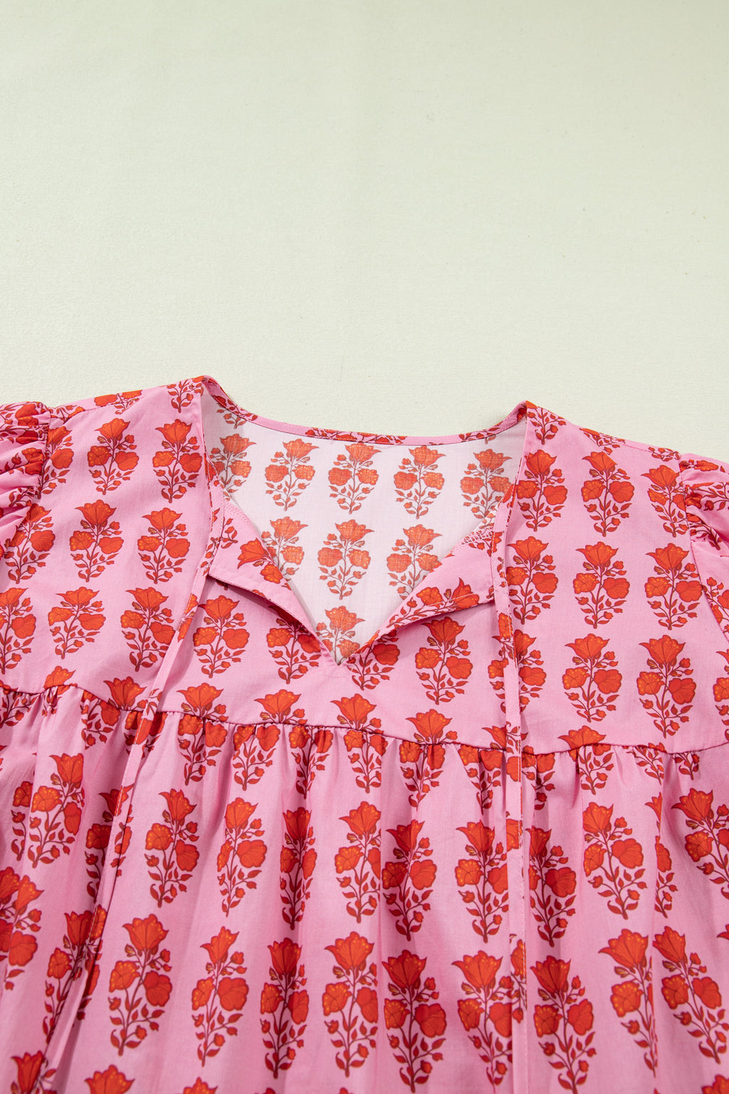 Pink Plus Size Floral Print Tassel Tie Puff Sleeve Cotton Blouse