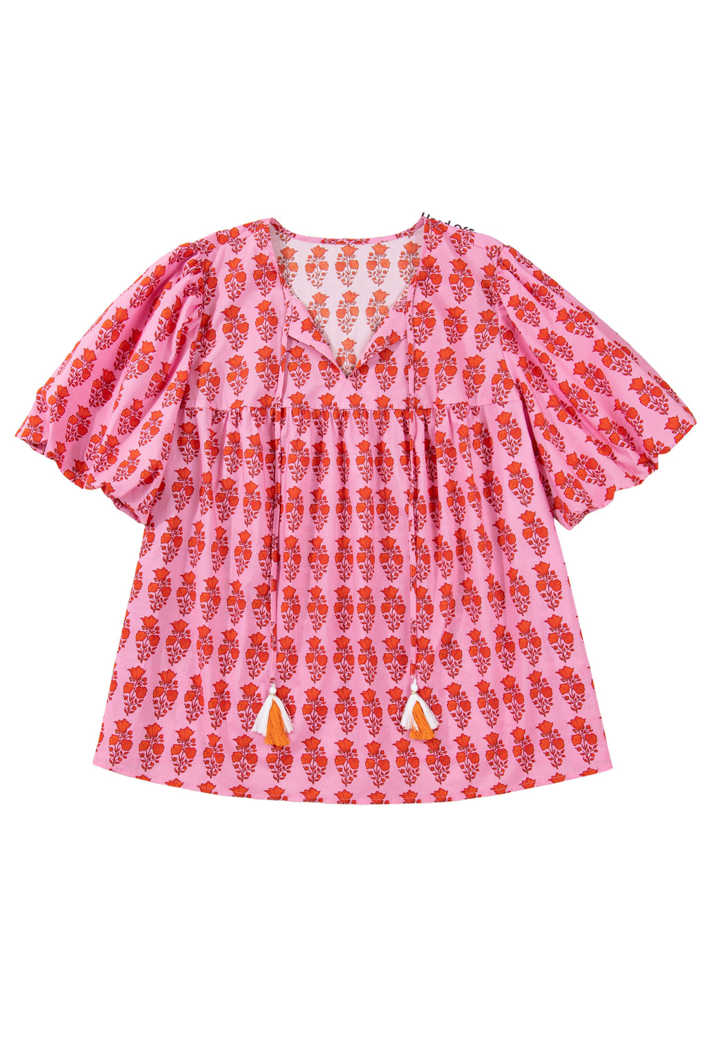 Pink Plus Size Floral Print Tassel Tie Puff Sleeve Cotton Blouse