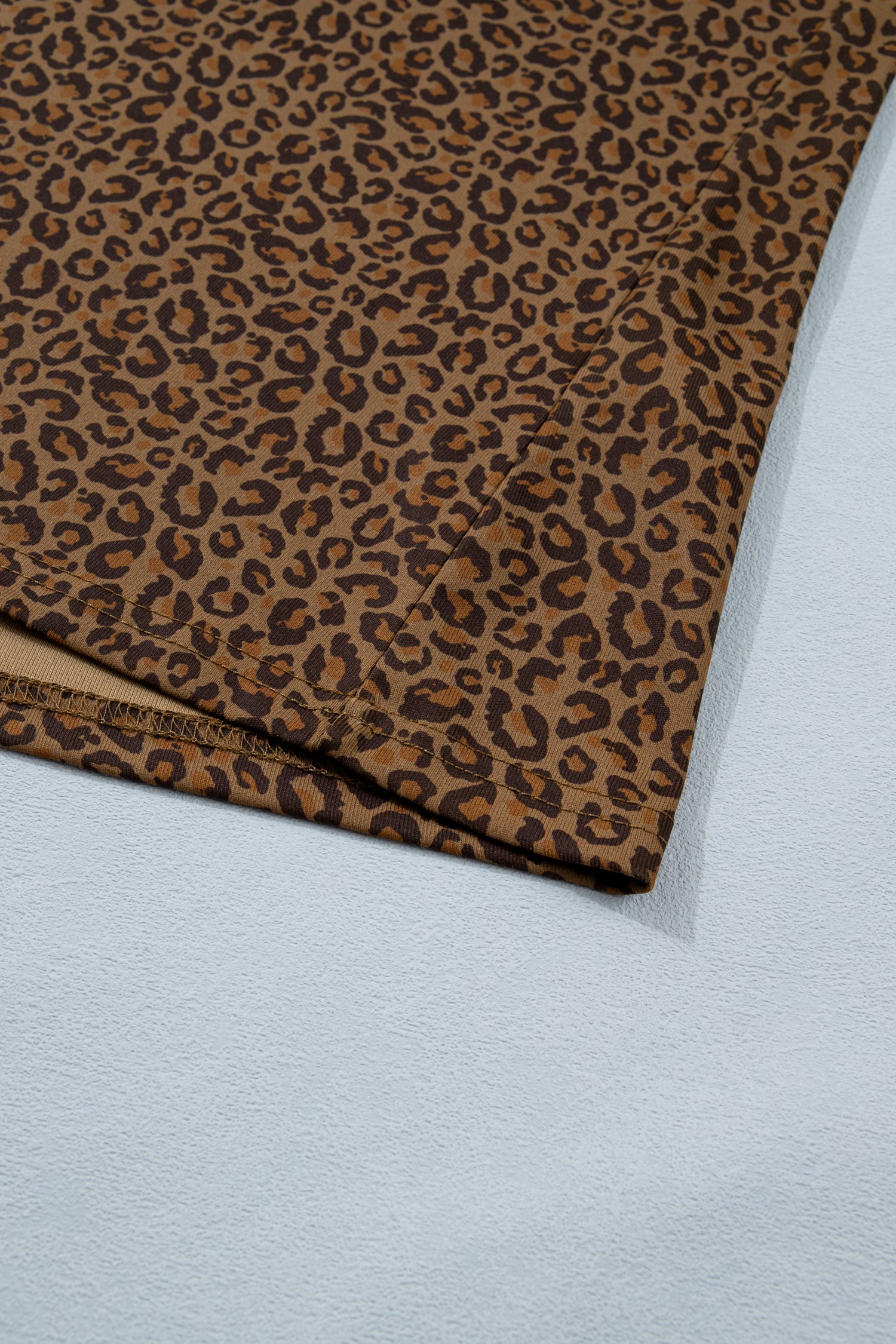 Khaki Plus Size Leopard Print Ribbed Trim Round Neck Tee