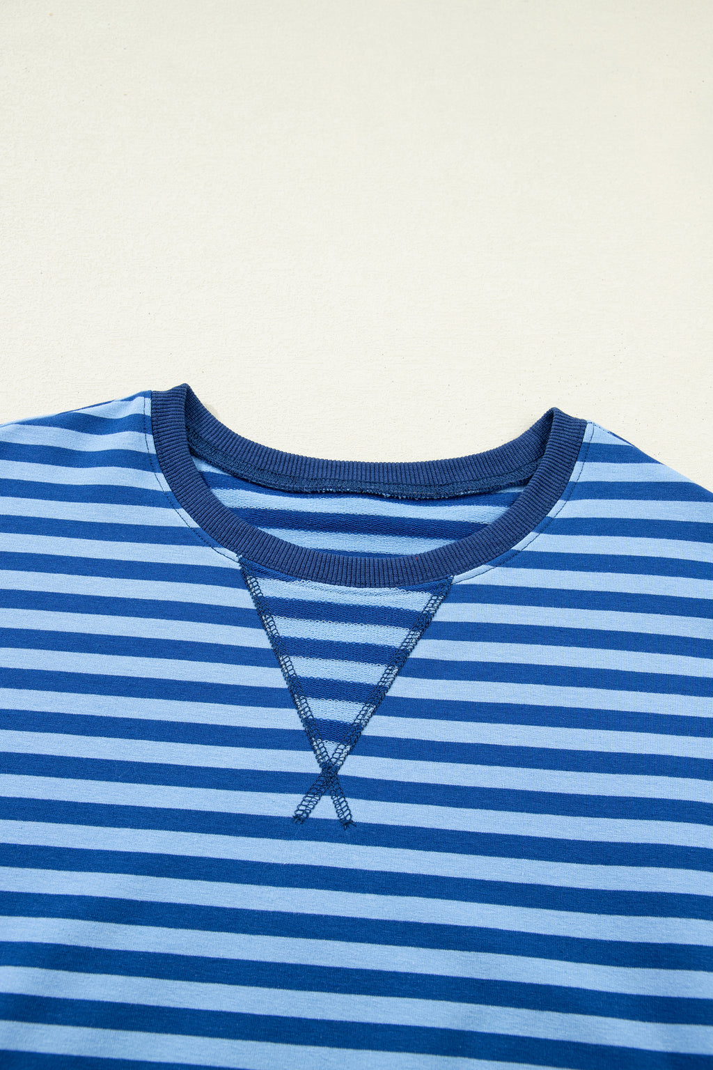 Blue Stripe Drop Shoulder Long Sleeve Pullover Elastic Waist Casual Short Set