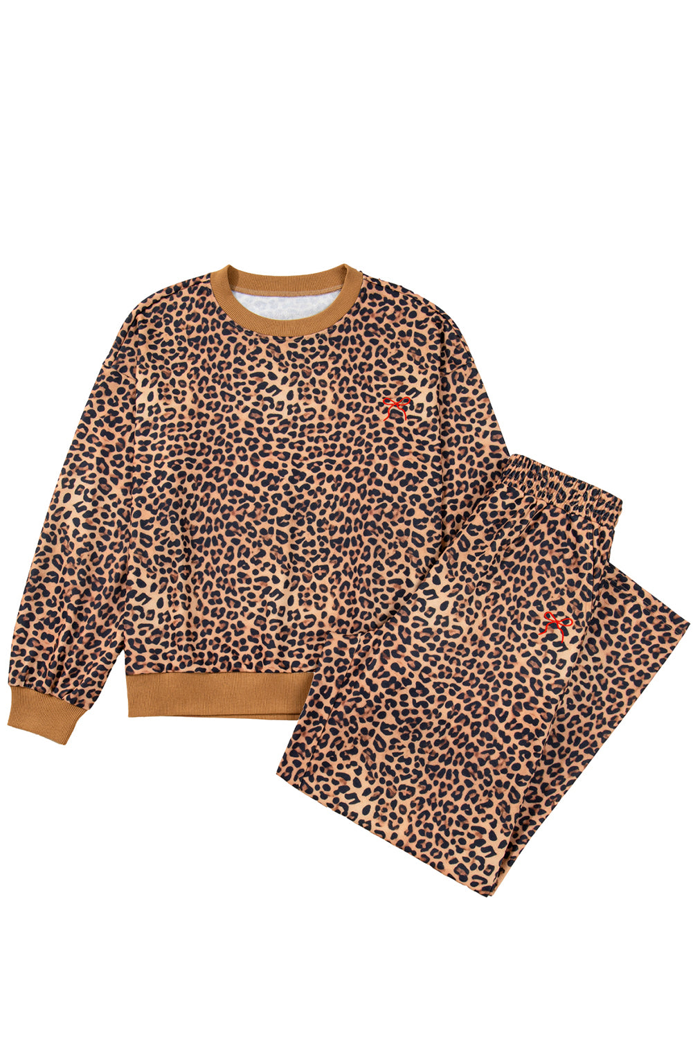 Khaki Leopard Outfit with Bow Embroidery