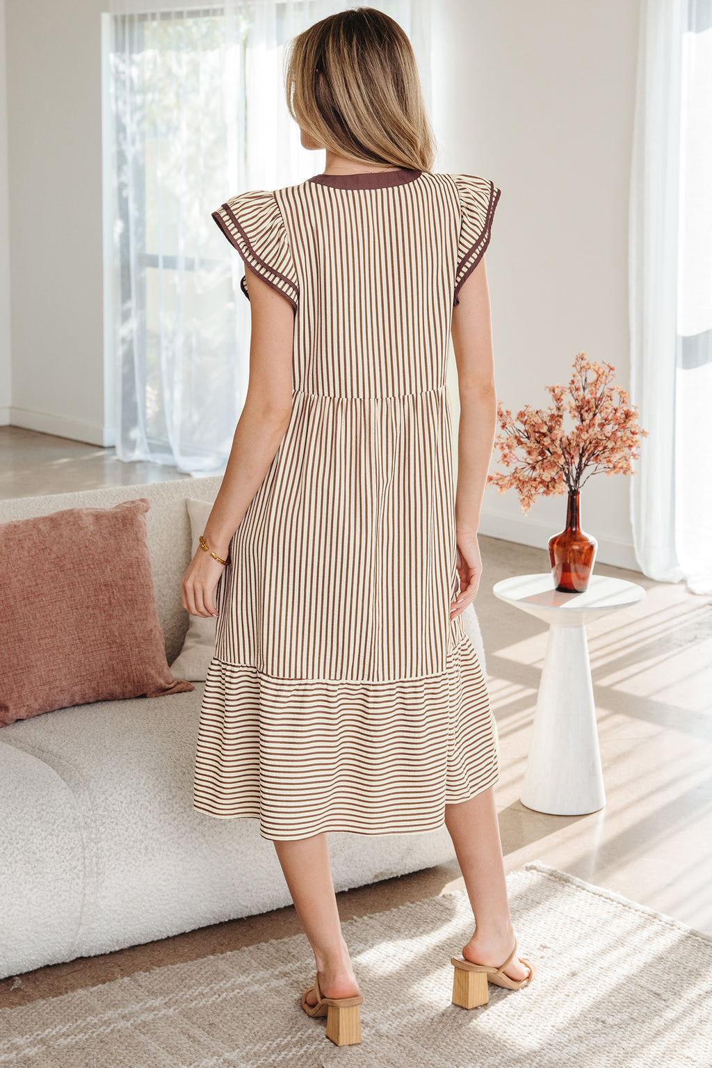 Black Stripe Double Ruffled Short Sleeve Contrast Trim V Neck Midi Dress