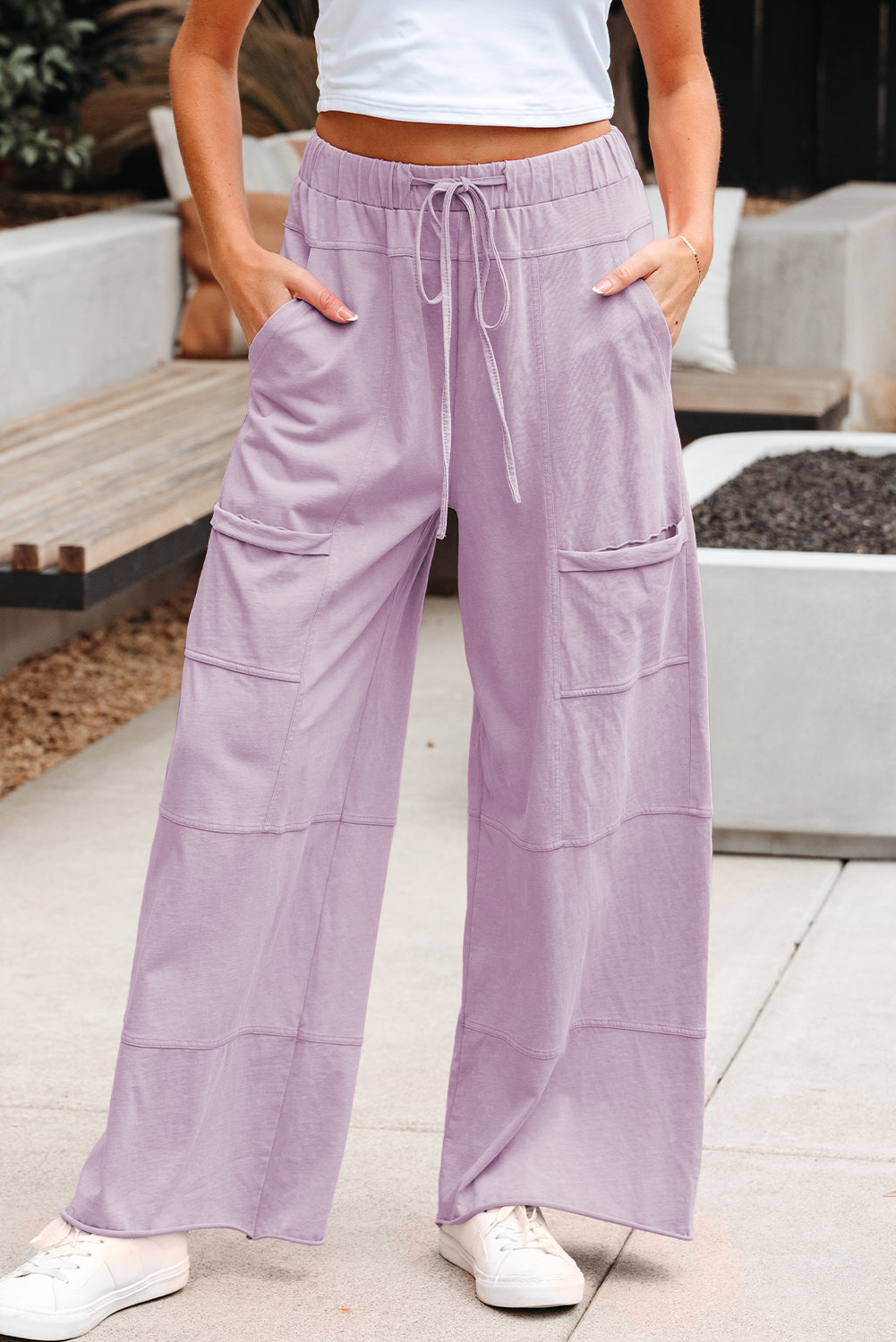Black Mineral Wash Exposed Seam Drawstring Elastic Waistband Wide Leg Cargo Pants