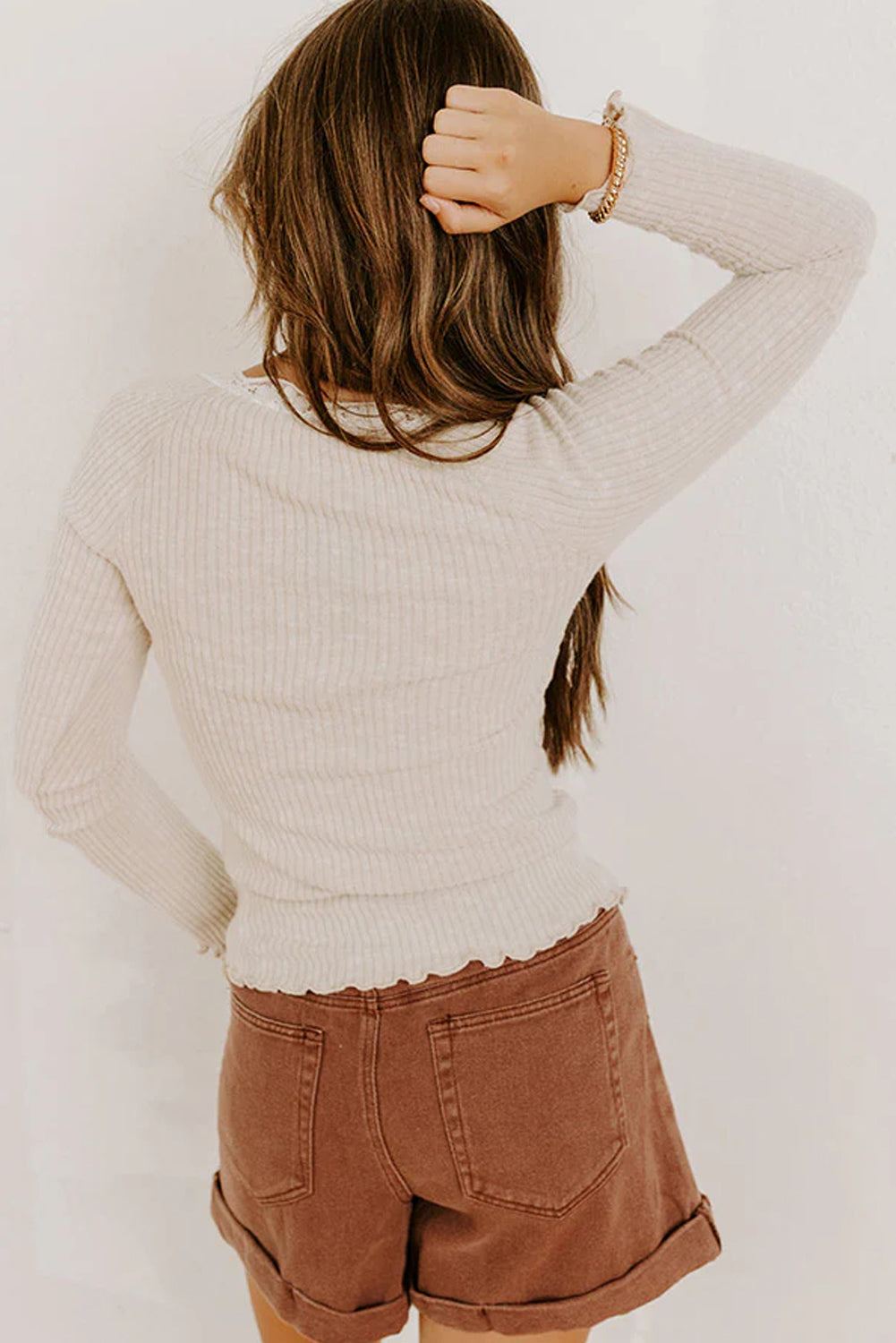 Skobeloff Lace Neckline Button Decor Lettuce Edge Long Sleeve Ribbed Top