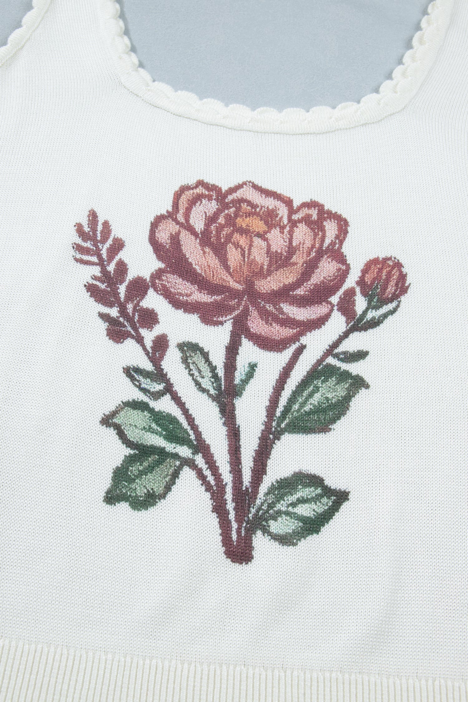 White Plus Size Floral Print Scalloped Trim Square Neck Sweater Vest