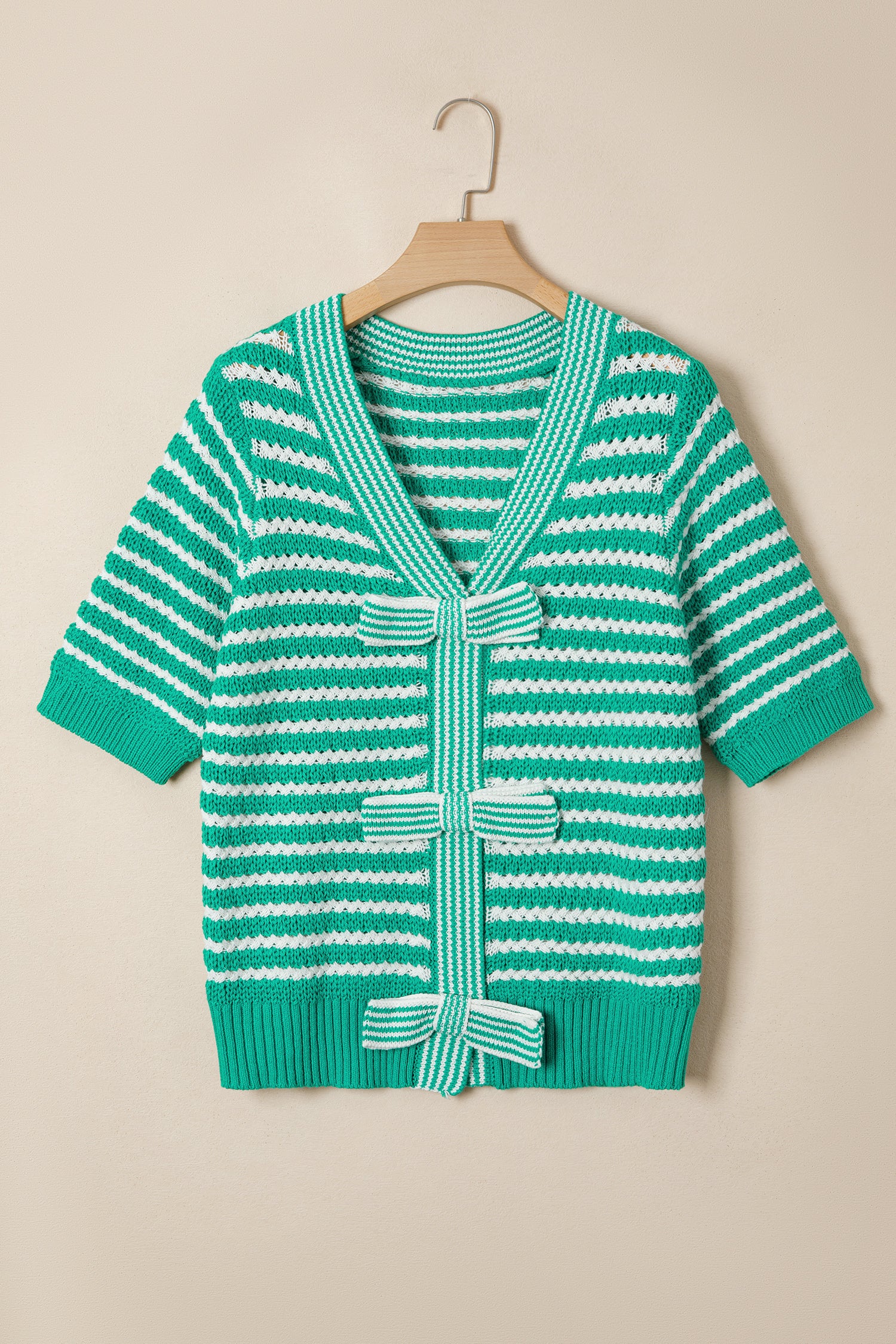 Sky Blue Stripe Short Sleeve Knit V Neck Bow Knot Sweater