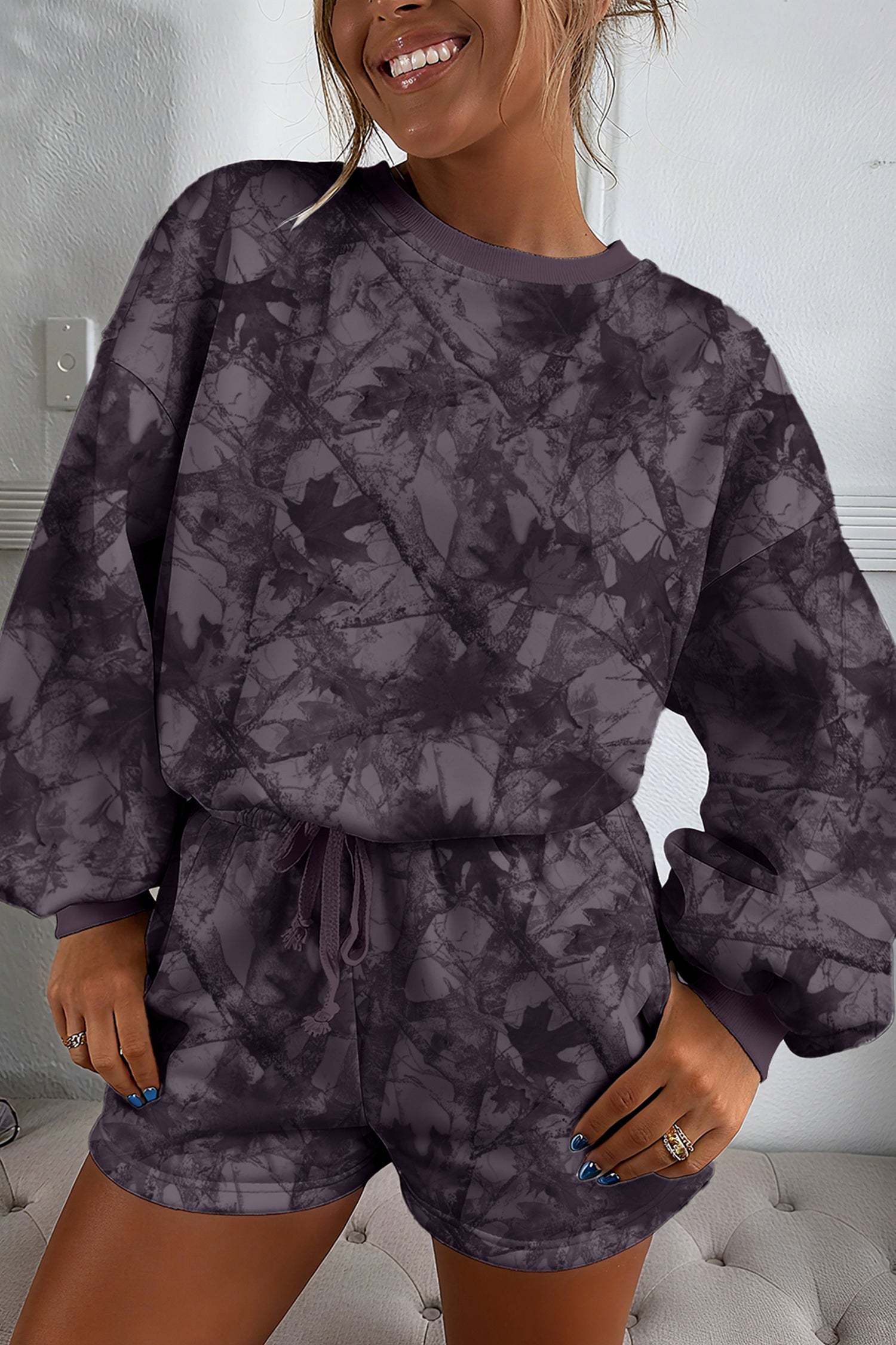 Brown Abstract Woodland Camo Print Baggy Pullover Drawstring Shorts Set