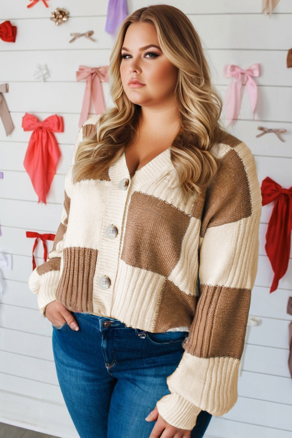 Plus Size Khaki Checkered Ribbed Texture Knit Cardigan Sweater