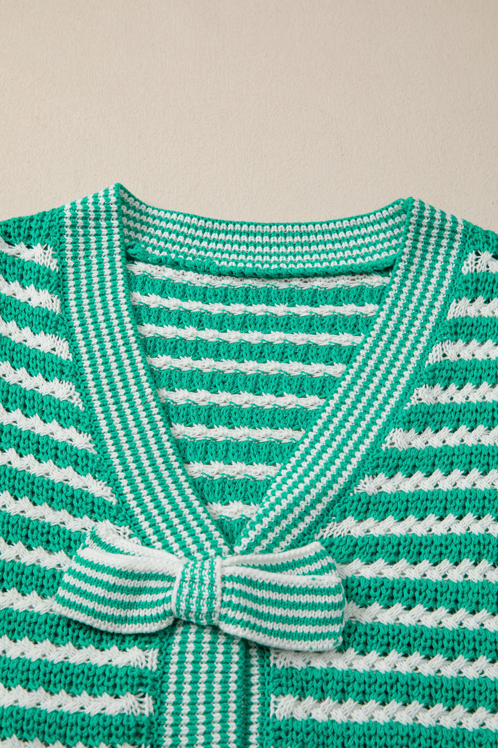 Sky Blue Stripe Short Sleeve Knit V Neck Bow Knot Sweater