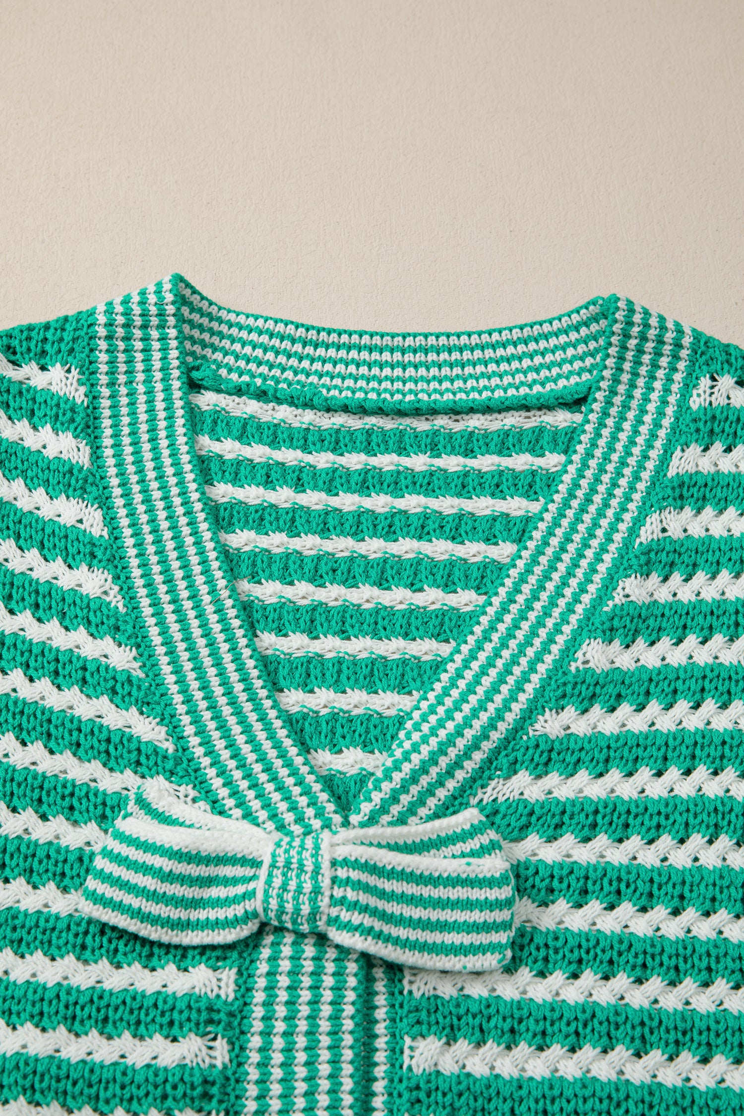 Sky Blue Stripe Short Sleeve Knit V Neck Bow Knot Sweater