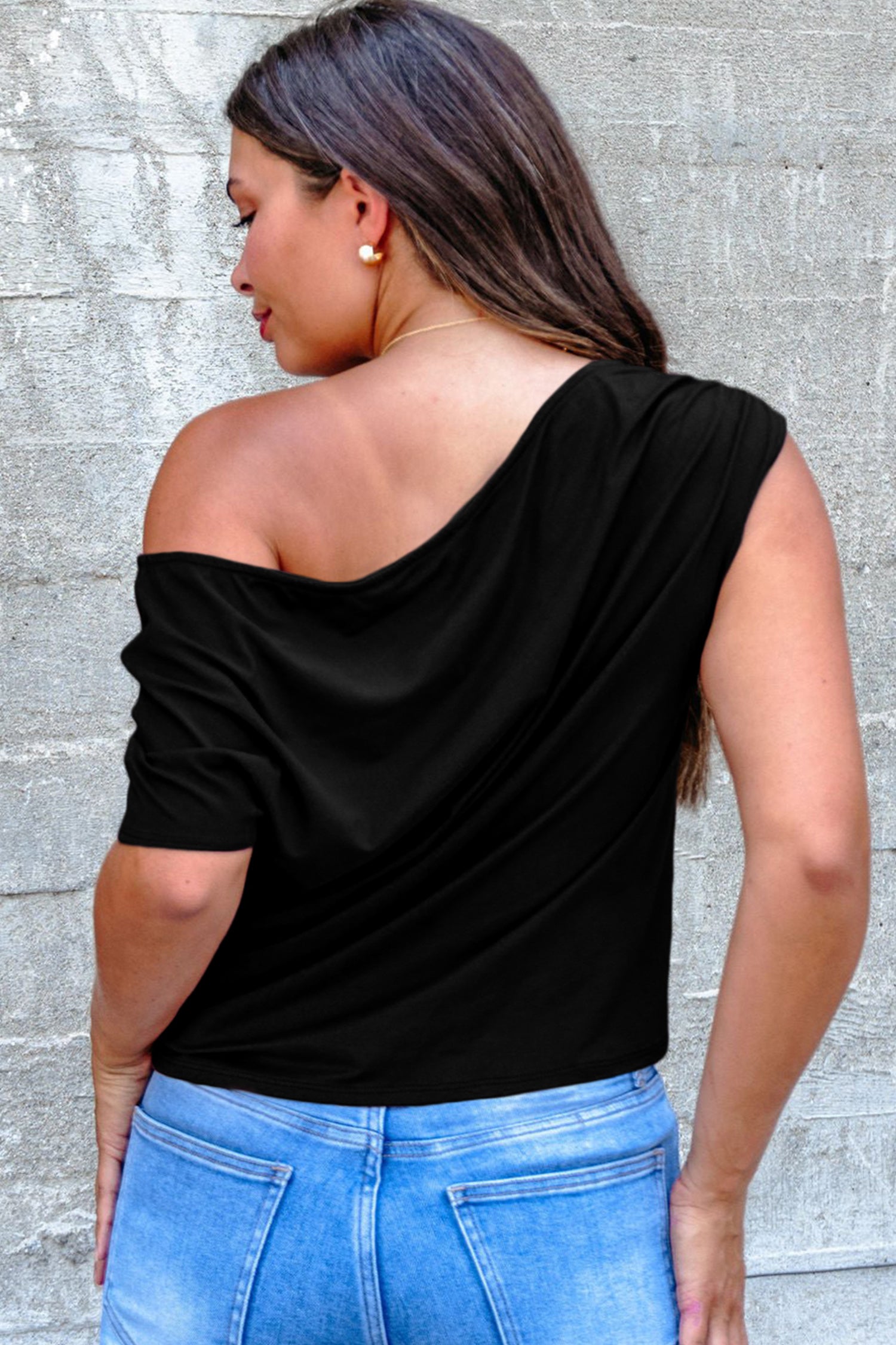 Plus Size Solid Color Asymmetric Neck Short Sleeve Blouse