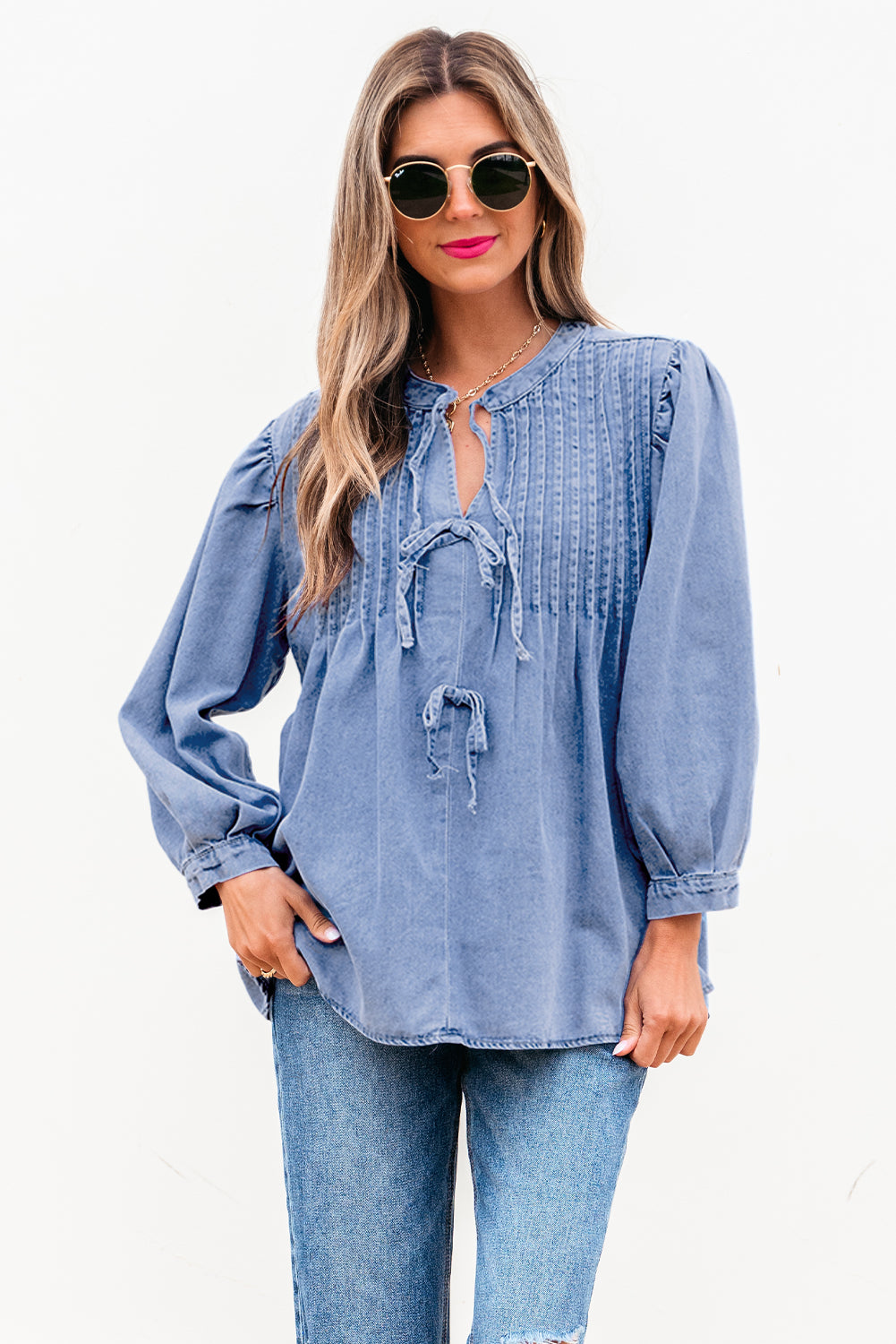 Denim Bow Tie Puff Sleeve Top